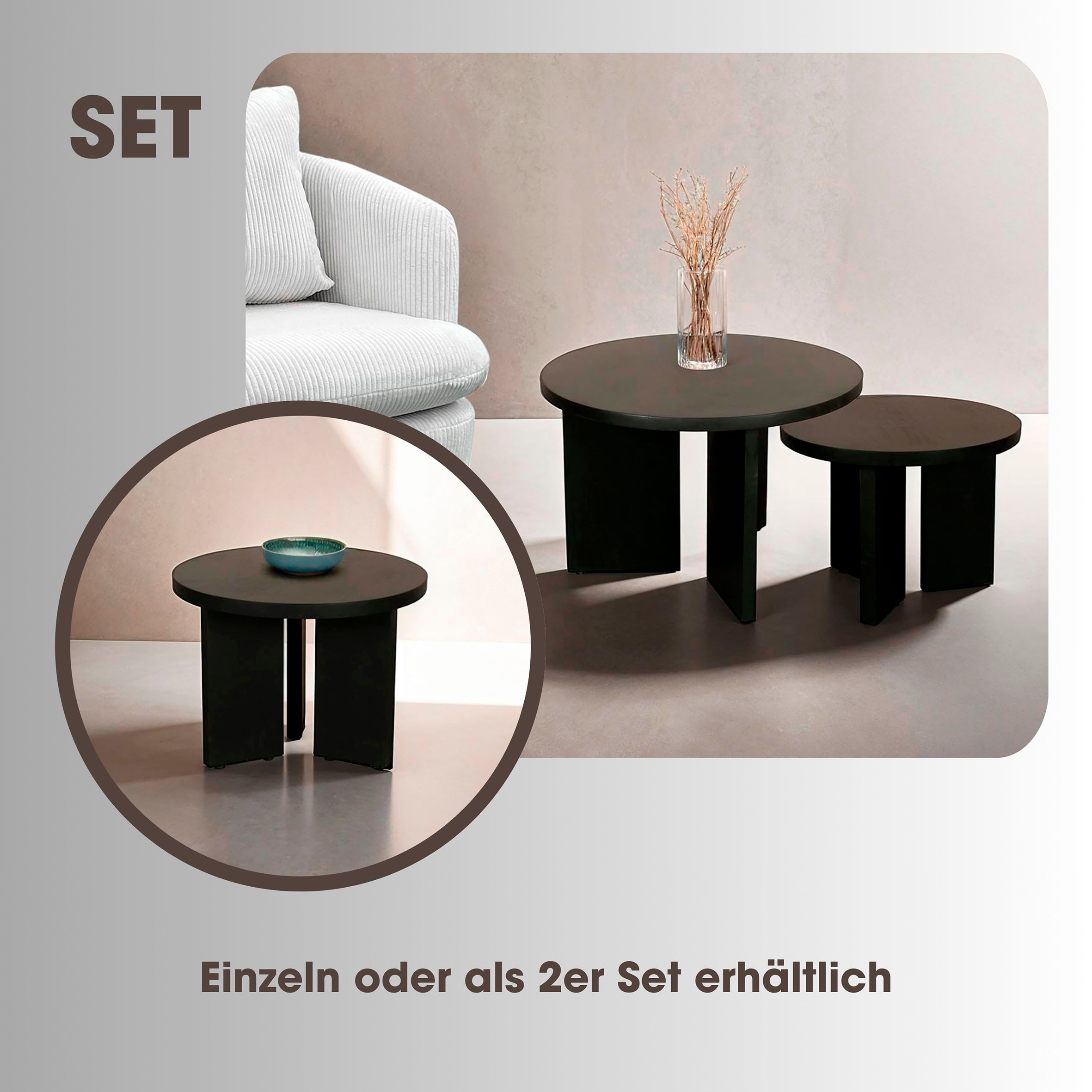 byLIVING Couchtisch »Round«, (1 St.), aus 2,5cm starkem Massivholz schwarz, einzeln oder im Set stellbar