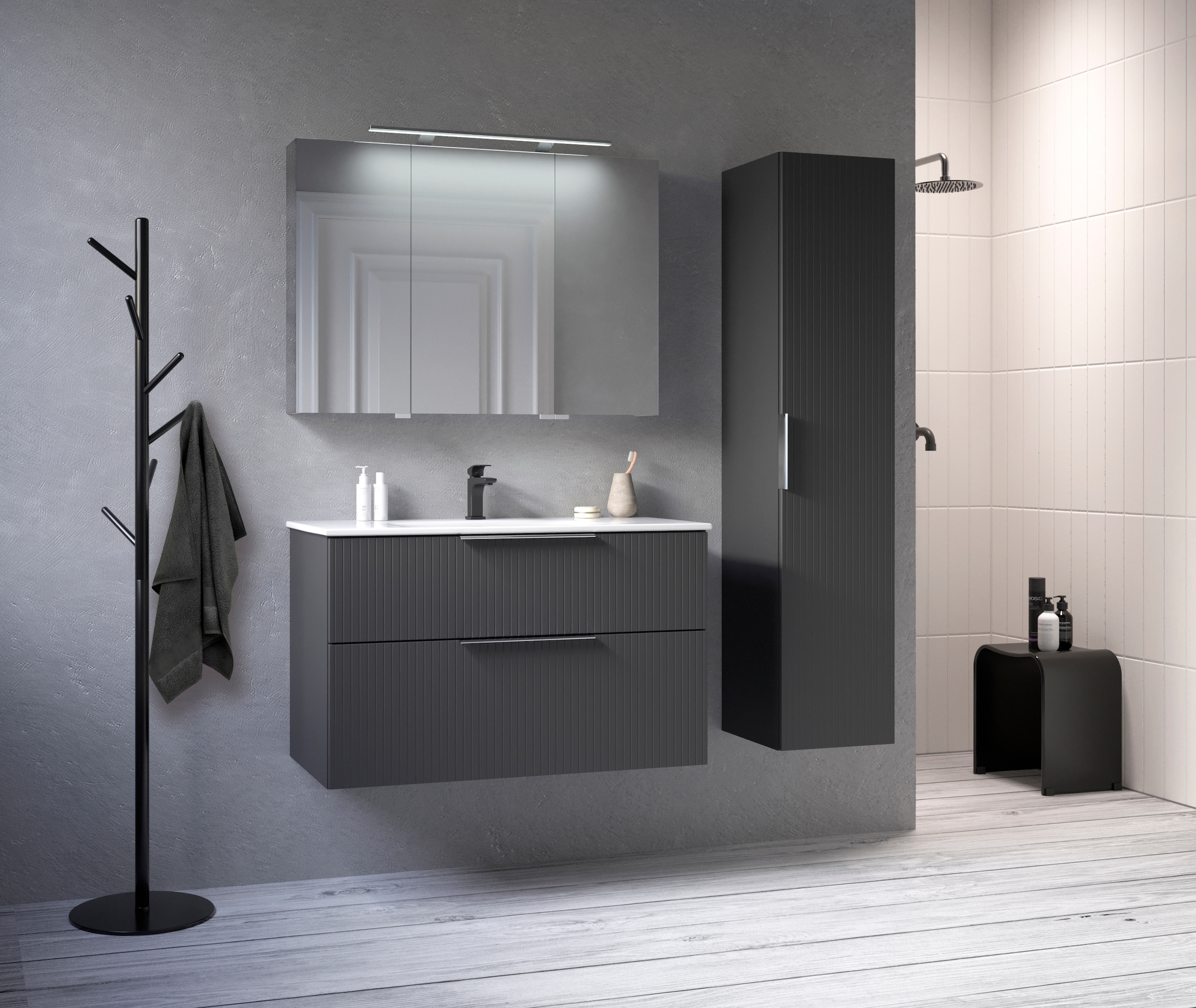welltime Waschtisch »G-Line«, mit Keramik Waschbecken, Schubladen mit Softclose, trendig geriffelt