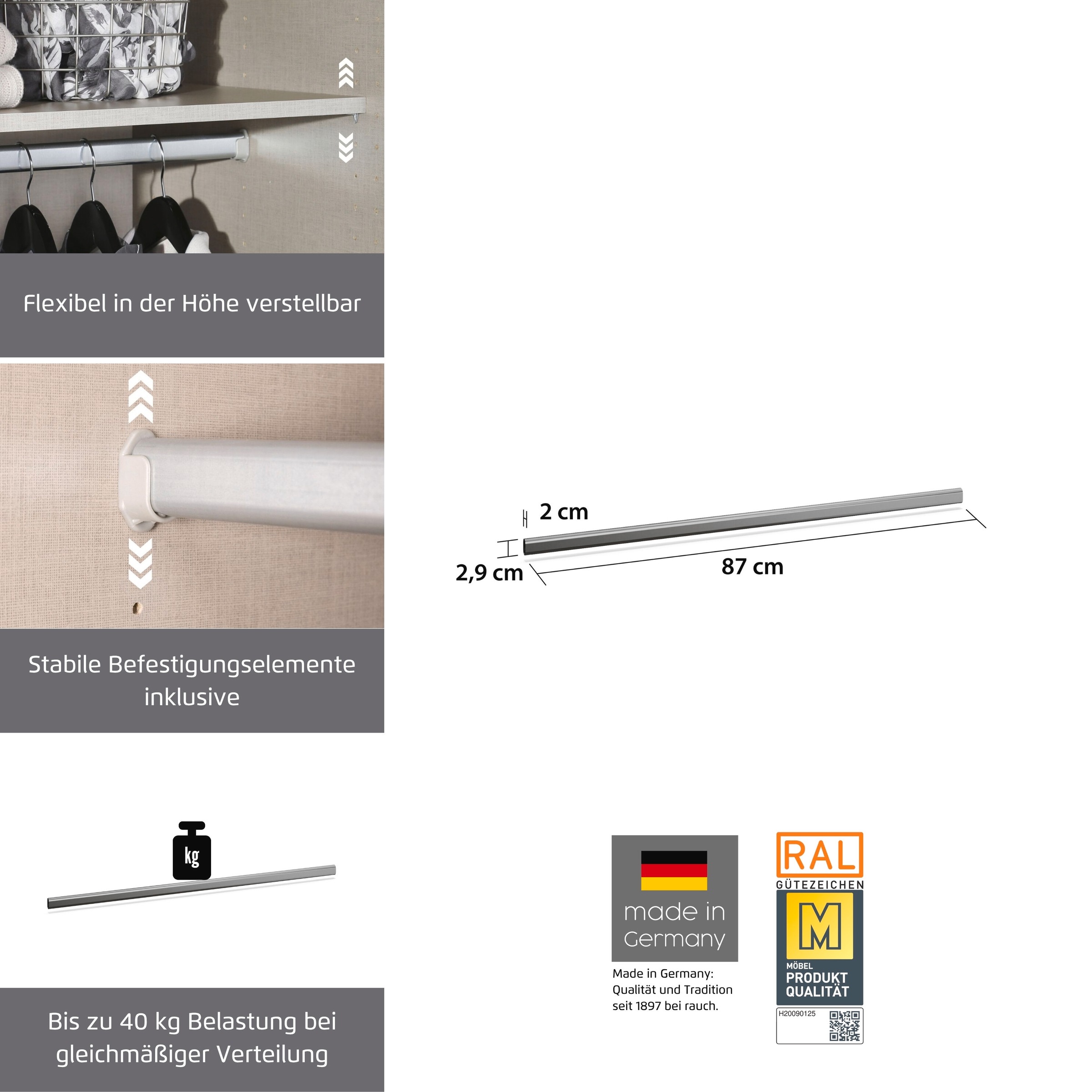 rauch Kleiderstange »Zubehör für Rauch-Schränke« Breite 87 cm, für Rauch-Schränke mit Element-Breite 90 cm