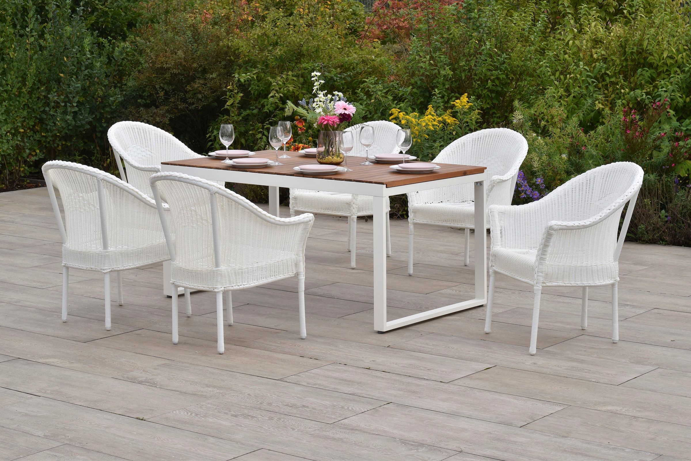 MERXX Garten-Essgruppe »Bamberg« Set, 7 tlg. inkl. 6 Stapelsessel, 1 Ausziehtisch