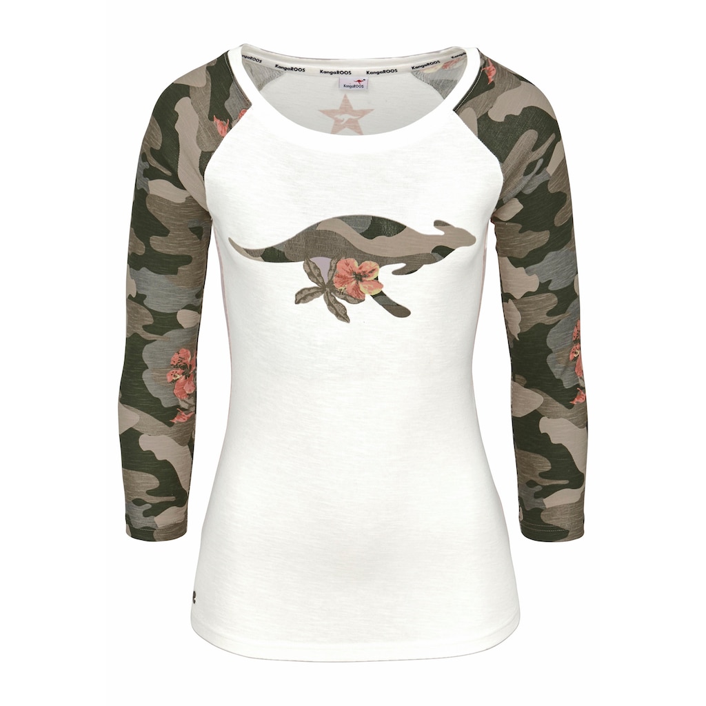 KangaROOS 3/4-Arm-Shirt, mit tarnfarbenen Camouflage-Ärmeln und Front-Print