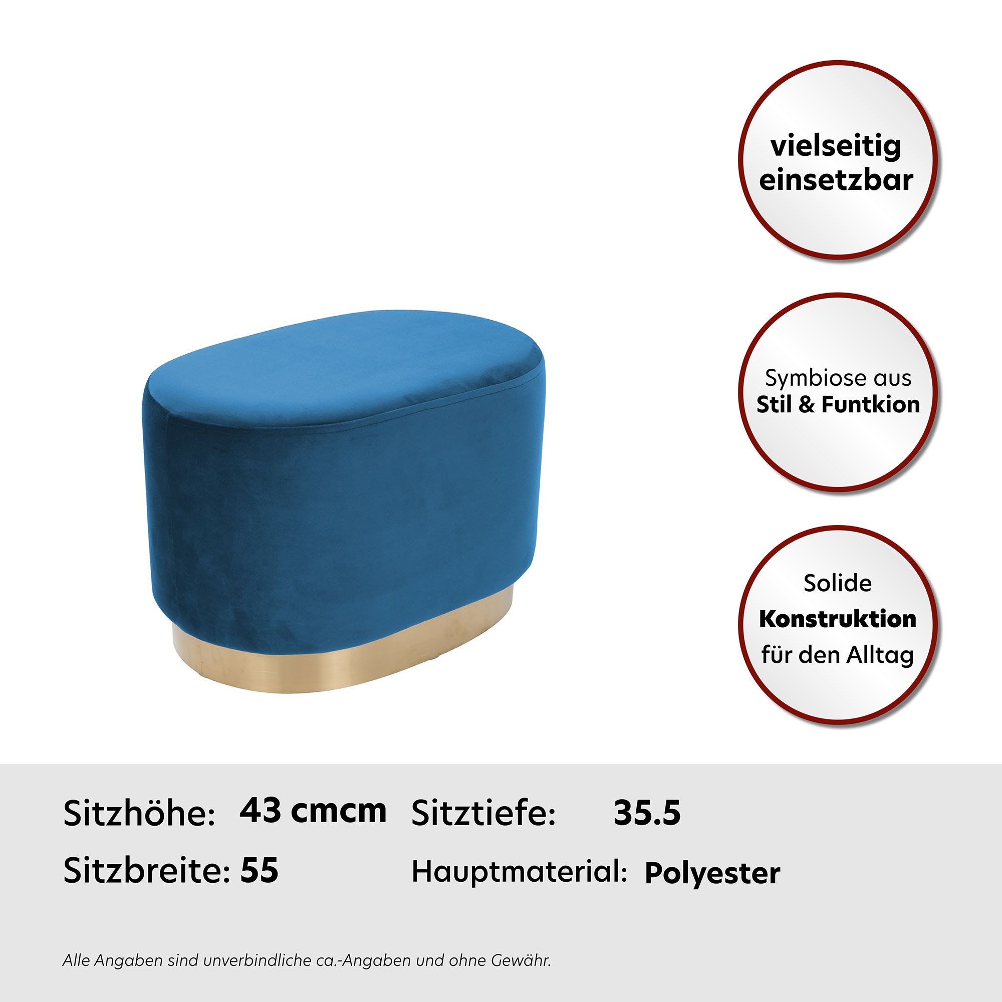 Kayoom Hocker »Nano 410, Hocker in stilvollem Design, ovale Form, mit Fuß aus Metall«, (1 St.), Gold Akzente, Bequem, Modern, mit pflegeleichtem Stoffbezug