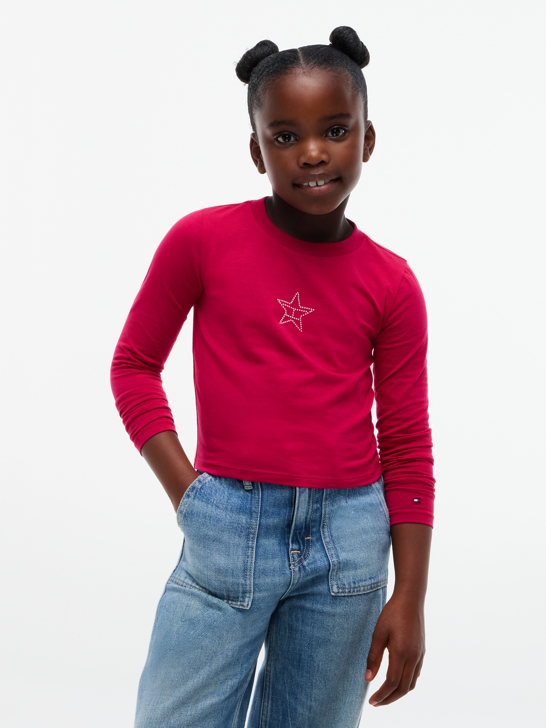 Tommy Hilfiger Langarmshirt "STUD STAR FITTED TEE LS" Glitzer-Druck, Baumwoll-Mix, Kinder bis 16 Jahre