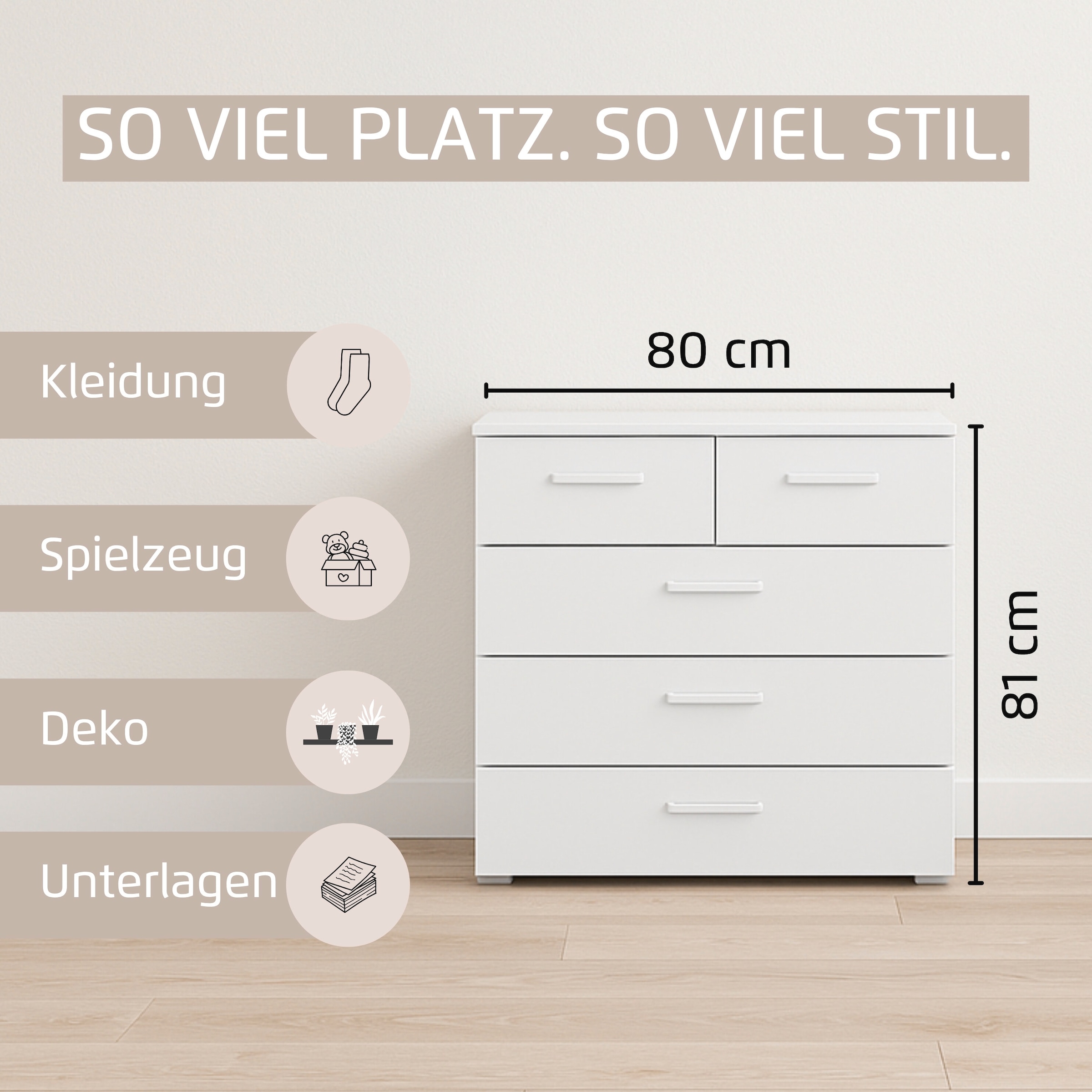 rauch Schubkastenkommode »Sideboard Schubladenkommode OTELI mit Dekor- und Hochglanzfront« Breite 80 cm inkl. Soft-Close-Funktion,  mit 5 geräumigen Schubladen für viel Stauraum MADE IN GERMANY