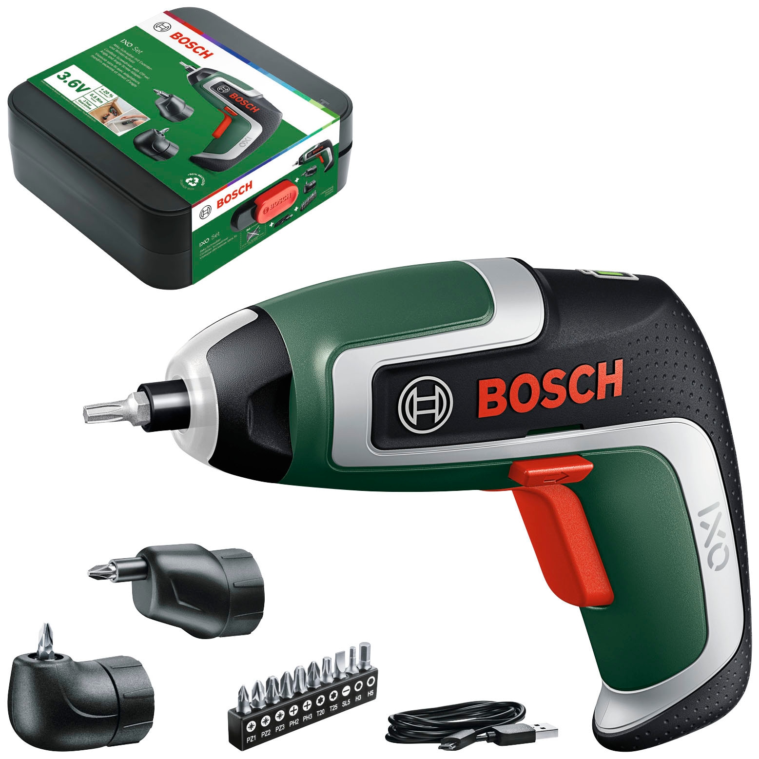 Bosch Home & Garden Akku-Schrauber ""IXO 7"", (Set), 10-tlg. Bit-Set, Winkelaufsatz, Exzenteraufsatz, Aufbewahrungsbox