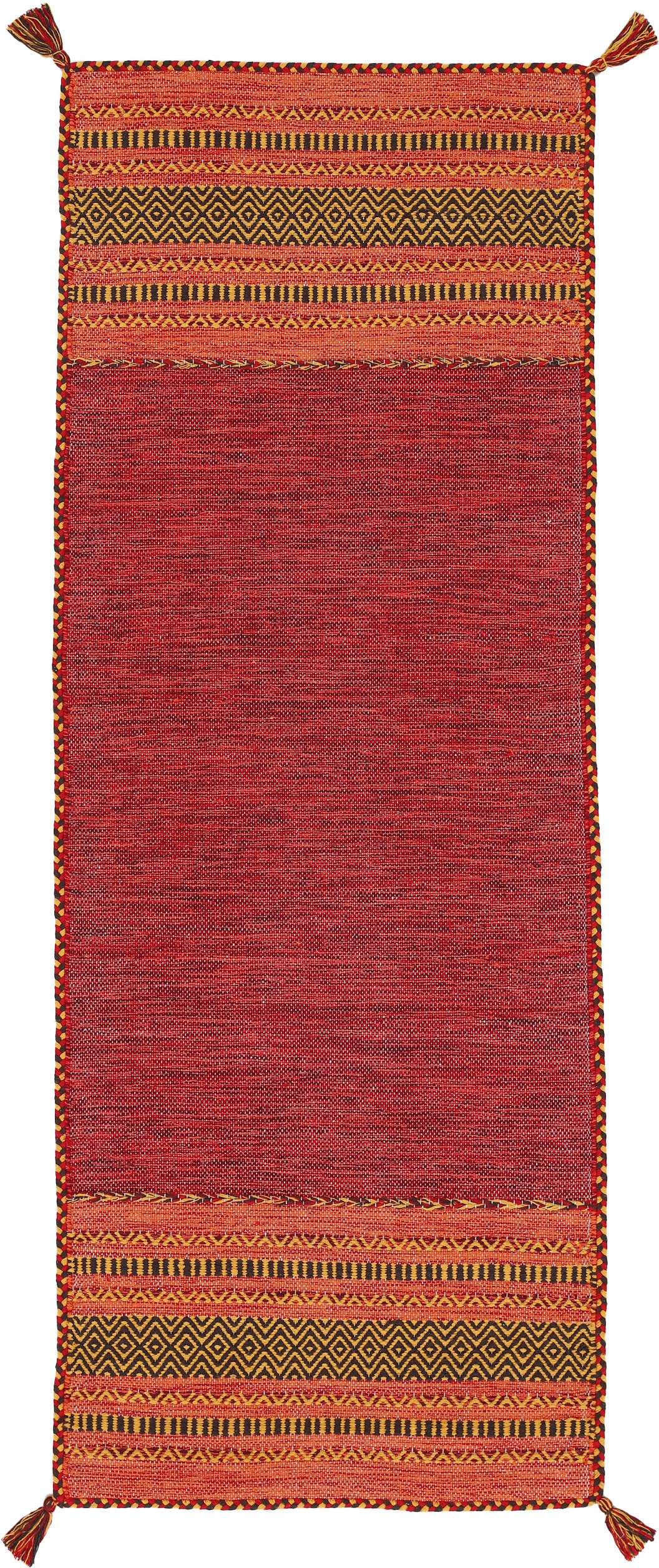 Teppich CARPETFINE "Kelim Azizi, auch als Läufer erhältlich", rot, B:80cm H:5mm L:500cm, Baumwolle, Teppiche, Teppich, handgewebt, Baumwolle, Wendeteppich mit Fransen, Fleckerl, Wohnzimmer