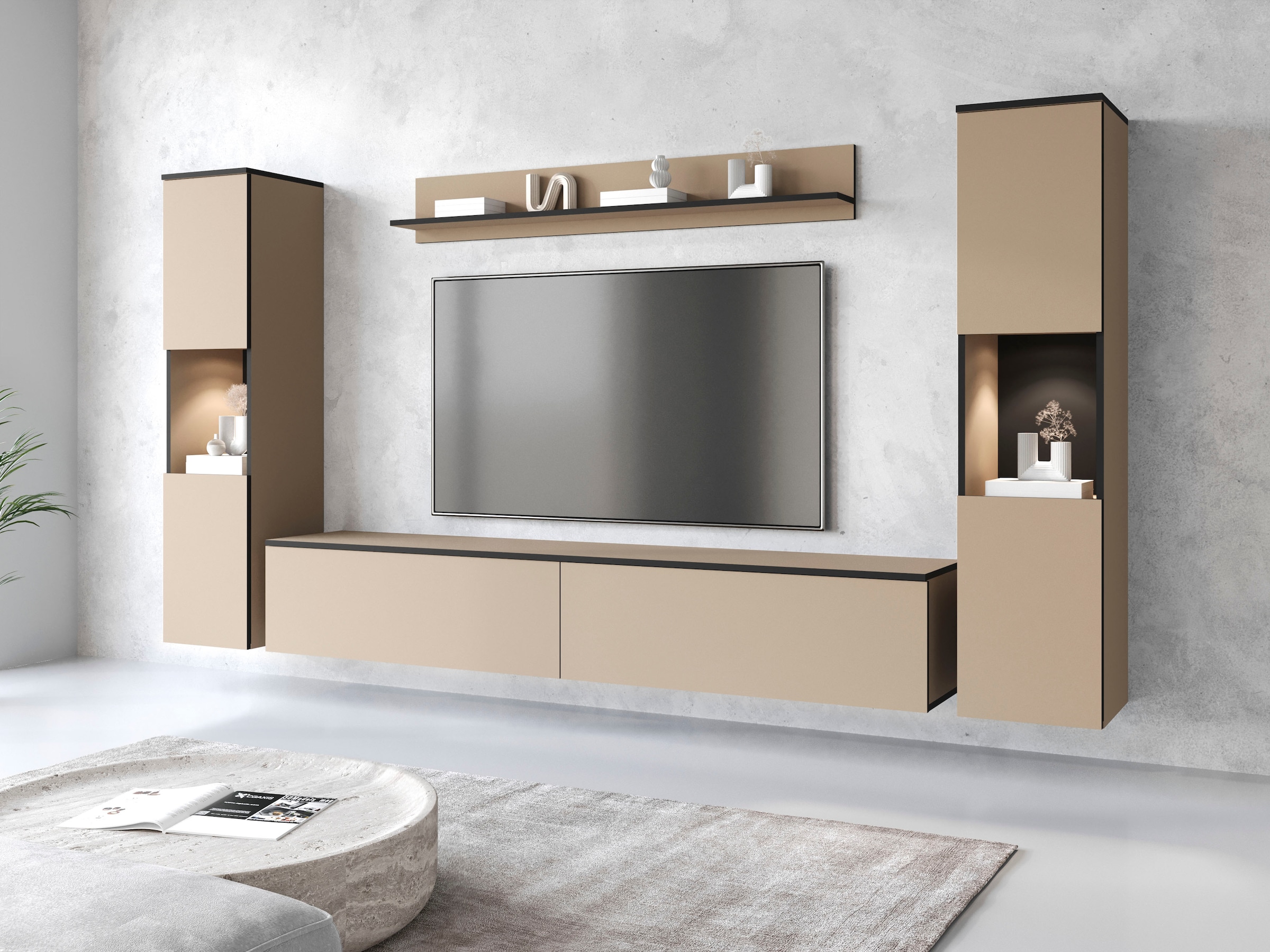 INOSIGN Wohnwand "PARIS", (Komplett-Set, 4 St.), TV-Wand 260cm breite, grifflose Design, stehend und hängend montierbar