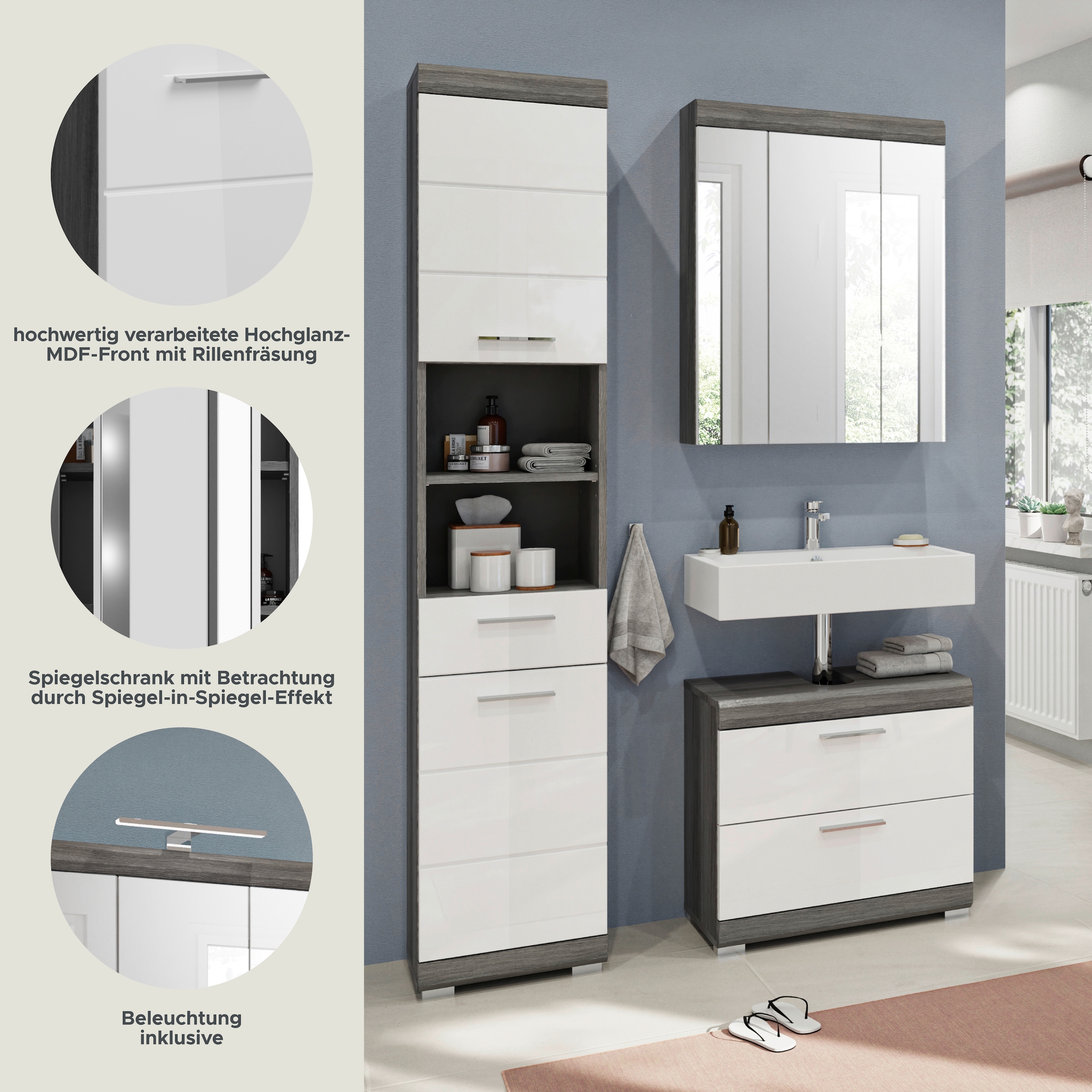 INOSIGN Badmöbel-Set »Siena, 3 teilig, bestehend aus:«, (Set, 3 St.), Hochschrank, Waschbeckenunterschrank, Spiegelschrank