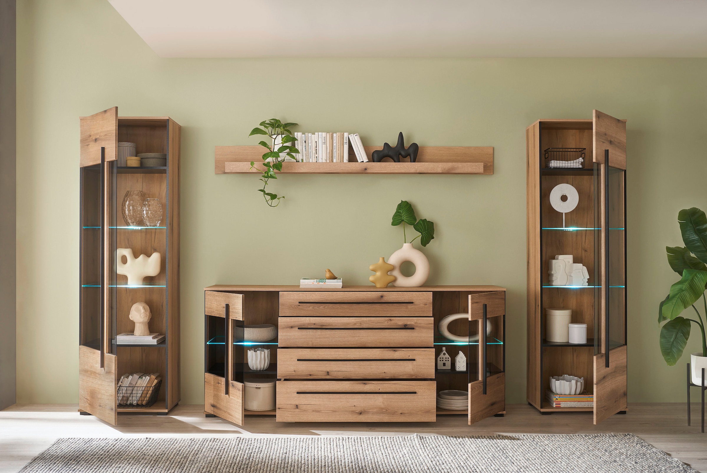 INOSIGN Wohnwand »Cantara, moderne Anbauwand, Wohnzimmer-Set, in Eiche Evoke oder Weiß«, (Set), enthält zwei Vitrinen, ein Sideboard und ein Wandboard