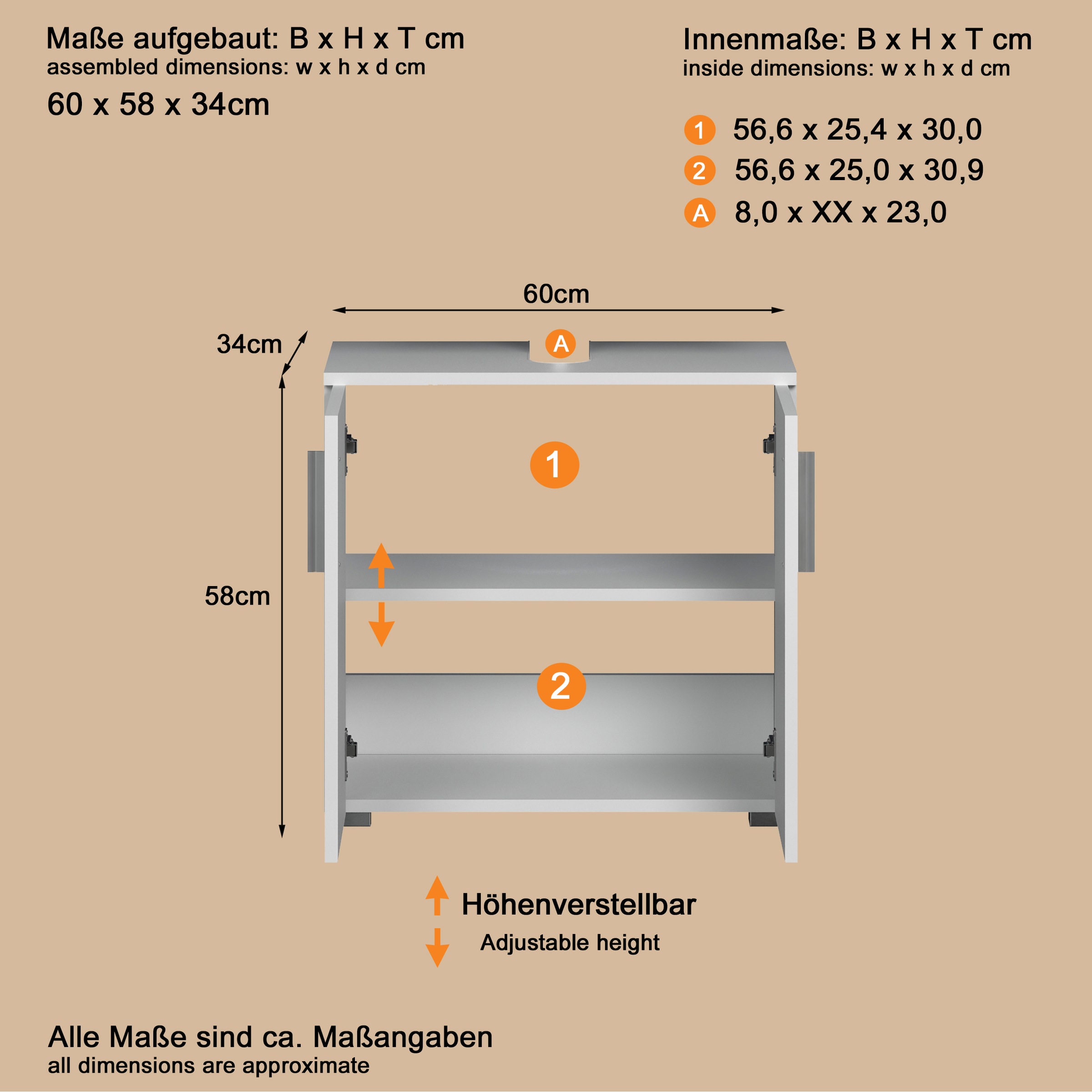 welltime Waschbeckenunterschrank »Prag«, (1 St.), Waschbeckenunterschrank mit 2 Türen - (B/T/H) 60/34/58 cm