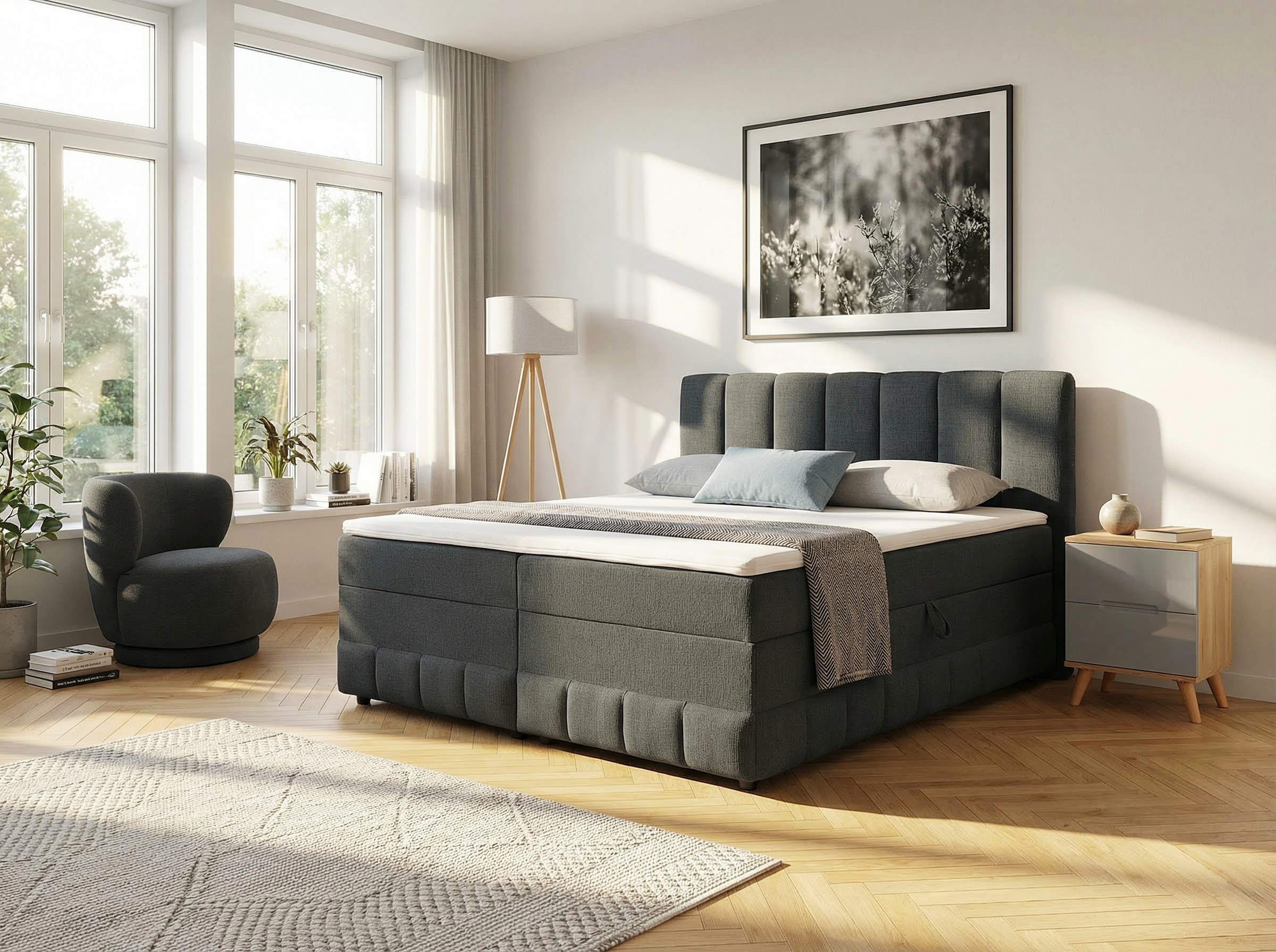 OTTO home Boxbett "LIKELY, Polsterbett mit Bettkasten, inkl. Taschenfederkernmatratze H3" mit Kaltschaumtopper, Chenille-Bezug, 140x200 & 180x200 cm