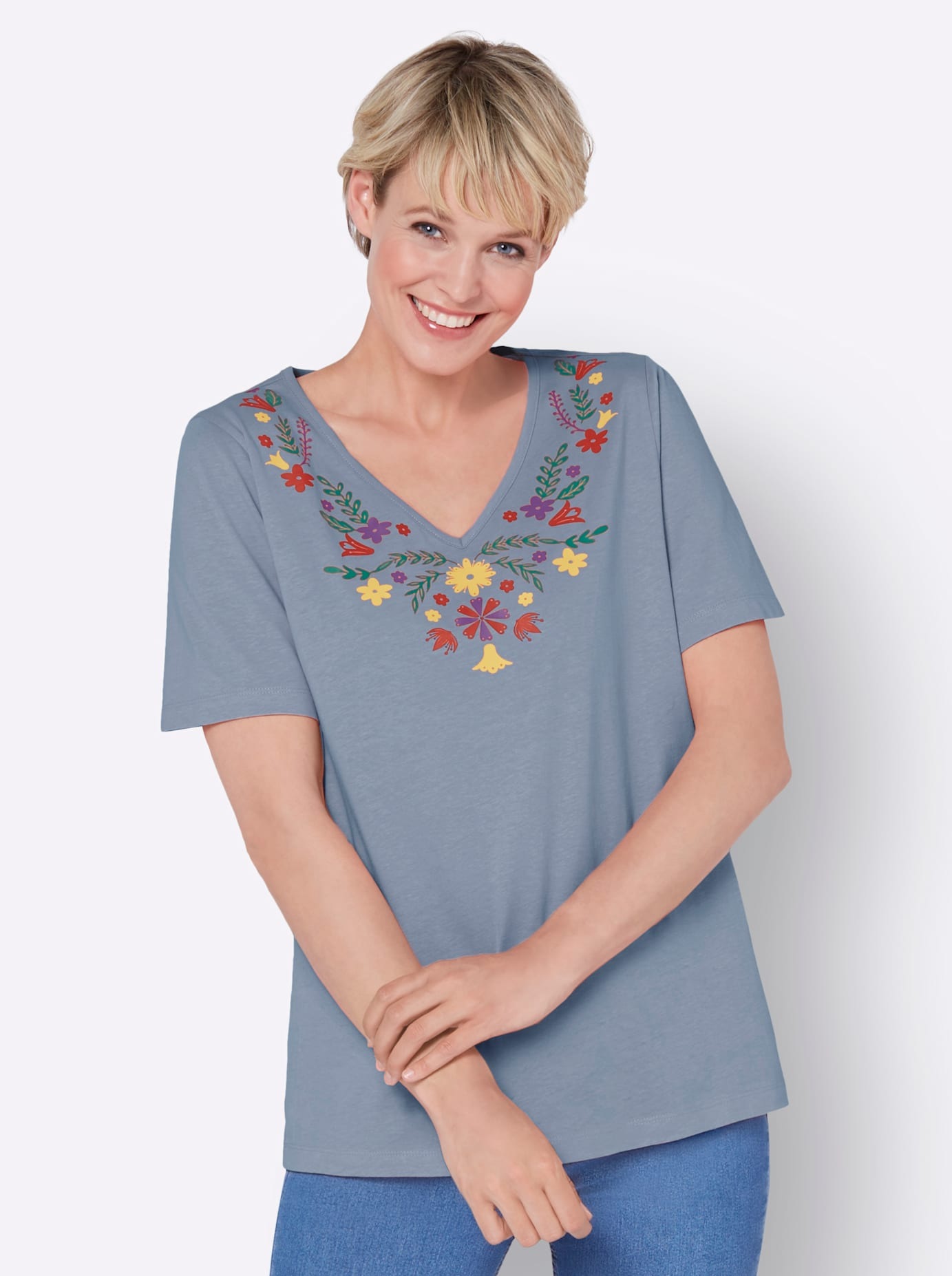 V-Shirt CLASSIC BASICS "Kurzarm-Shirt", Damen, Gr. 48, blau (bleu), 100% Baumwolle, geblümt, gemustert, mehrfarbig, V-Ausschnitt, Shirts