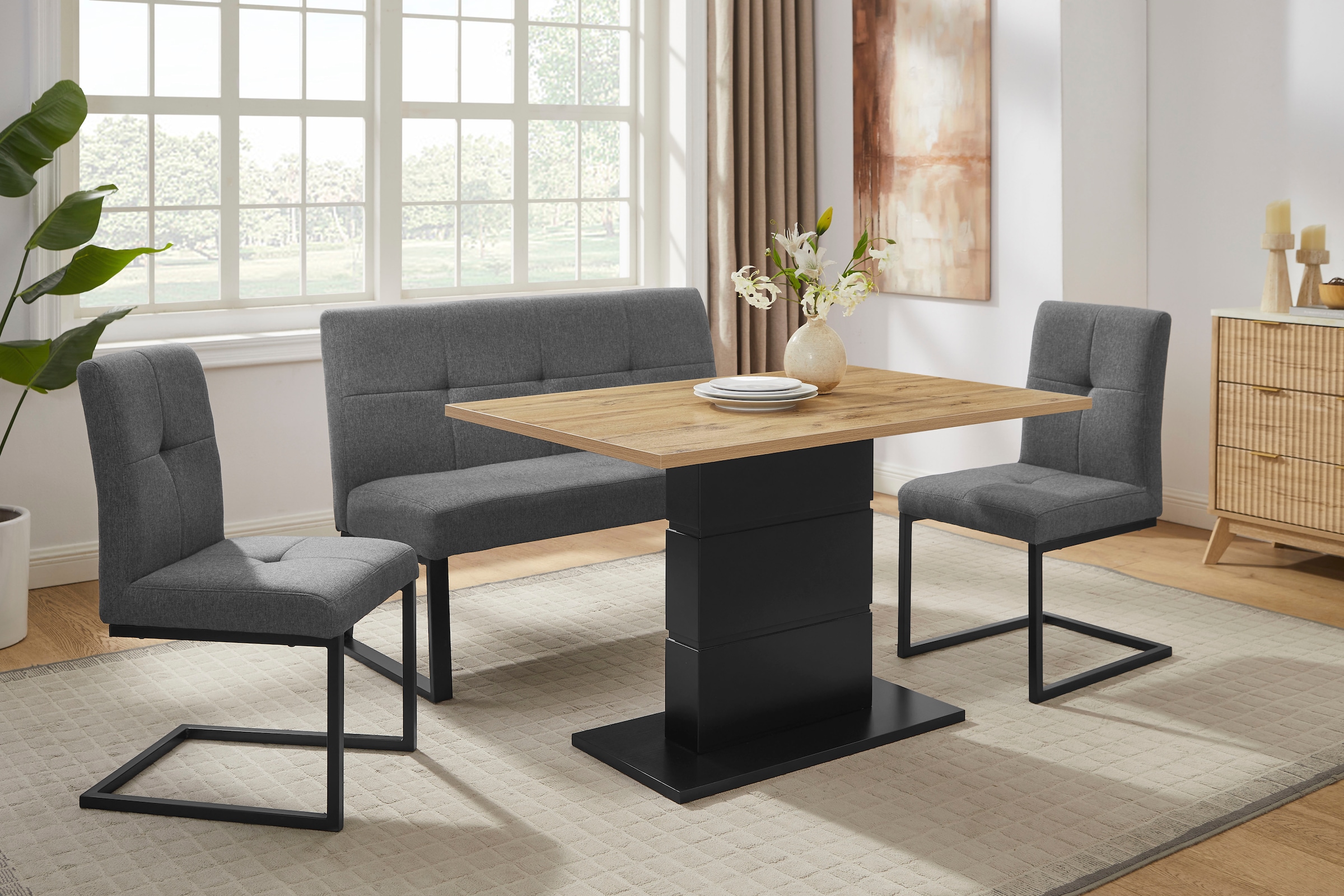OTTO home Essgruppe »Geranie« Set, 4 tlg. in Eichenoptik mit schwarzem Säulengestell