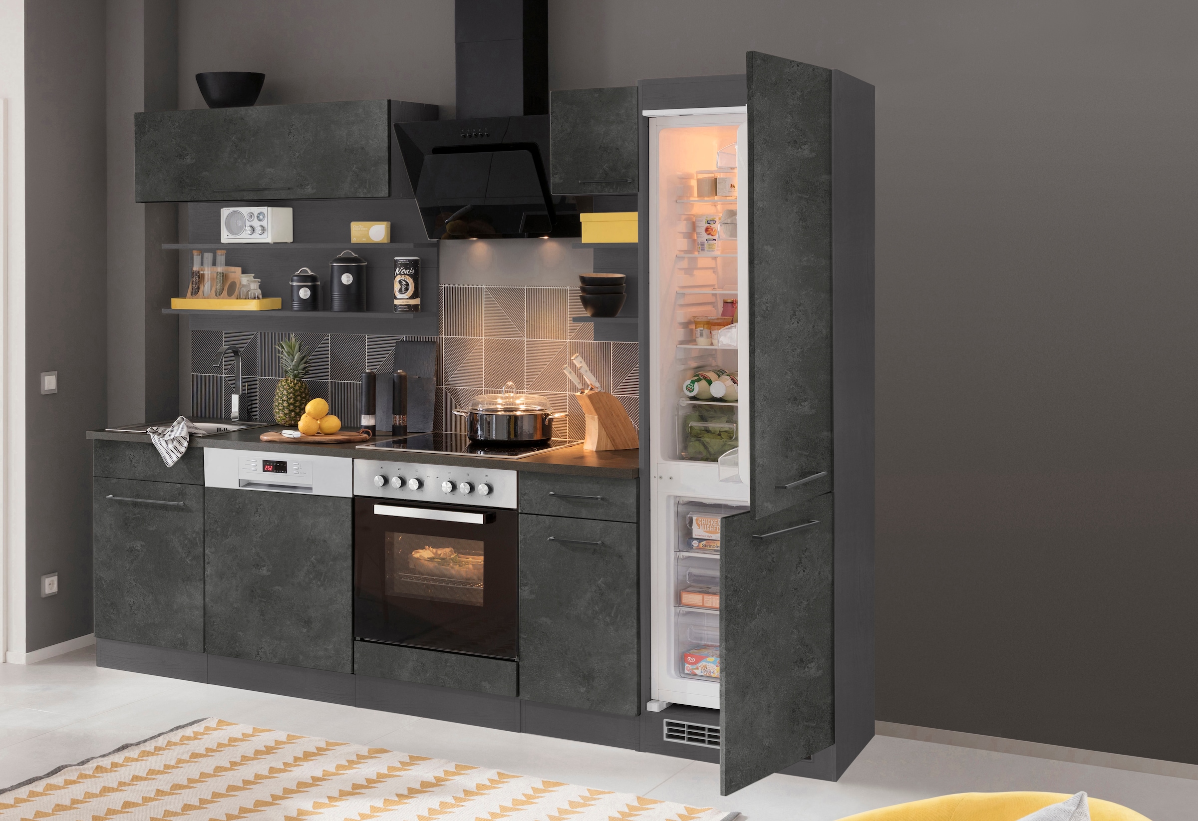 KOCHSTATION Küchenzeile »KS-Tulsa«, mit E-Geräten, Breite 270 cm, schwarze Metallgriffe, MDF Fronten