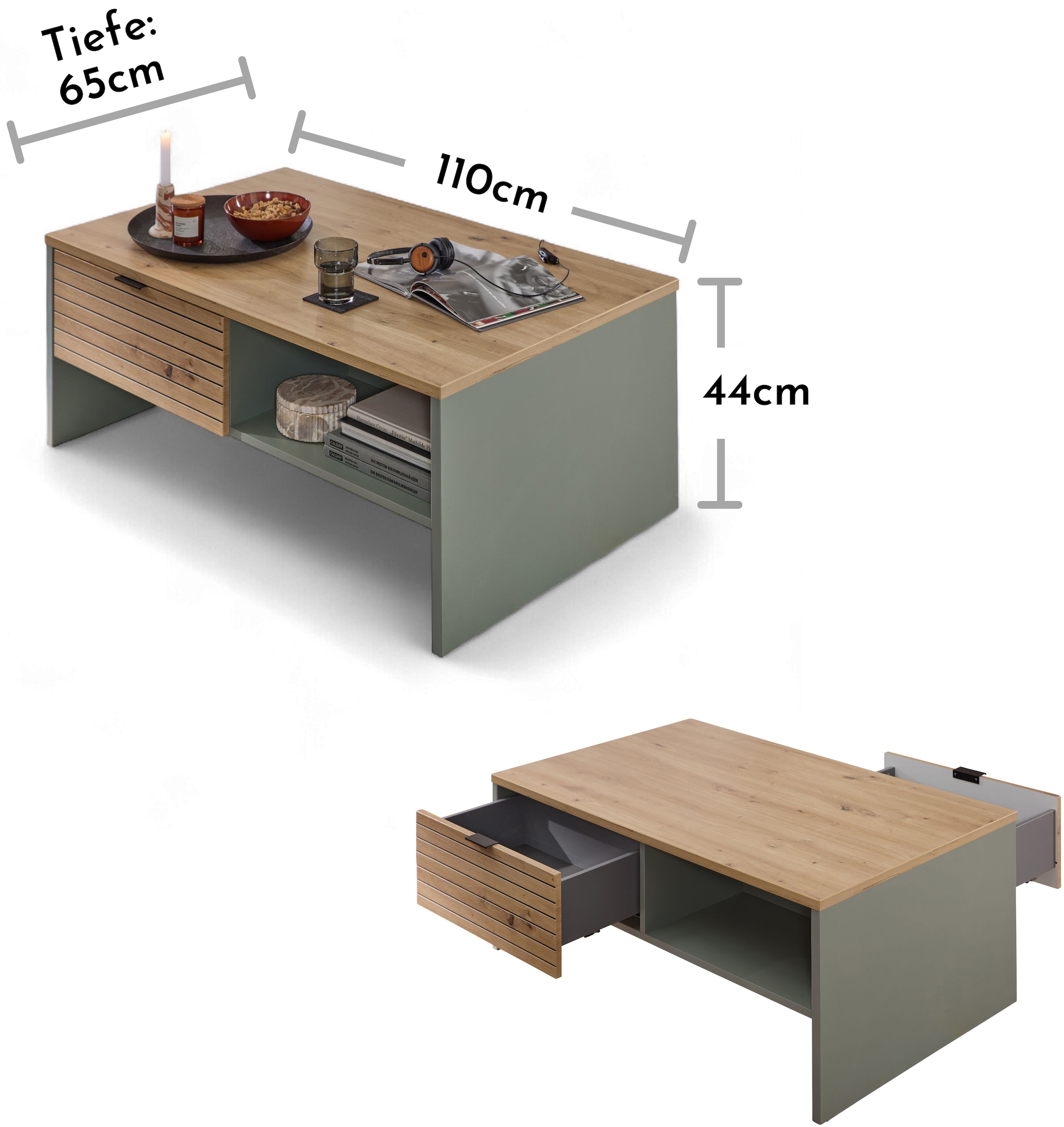 Innostyle Couchtisch »INA Couchtisch, 110 x 44 x 65 cm (B/H/T)«, (1 St.), 2 Schubladen, 2 offene Fächer