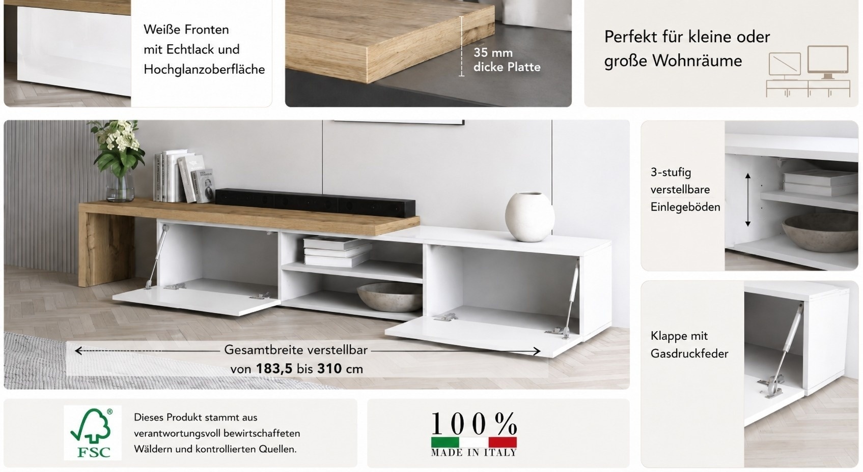 OTTO home Lowboard »New Garda,Lowboard mit Aufsatz,TV-Board mit Ausatz,TV-Schrank-Tv Bank« 1 Stk. tlg. Breite verstellbar v. 183 bis 310 cm,2 Klappen  und L-Förmiger Aufsatz