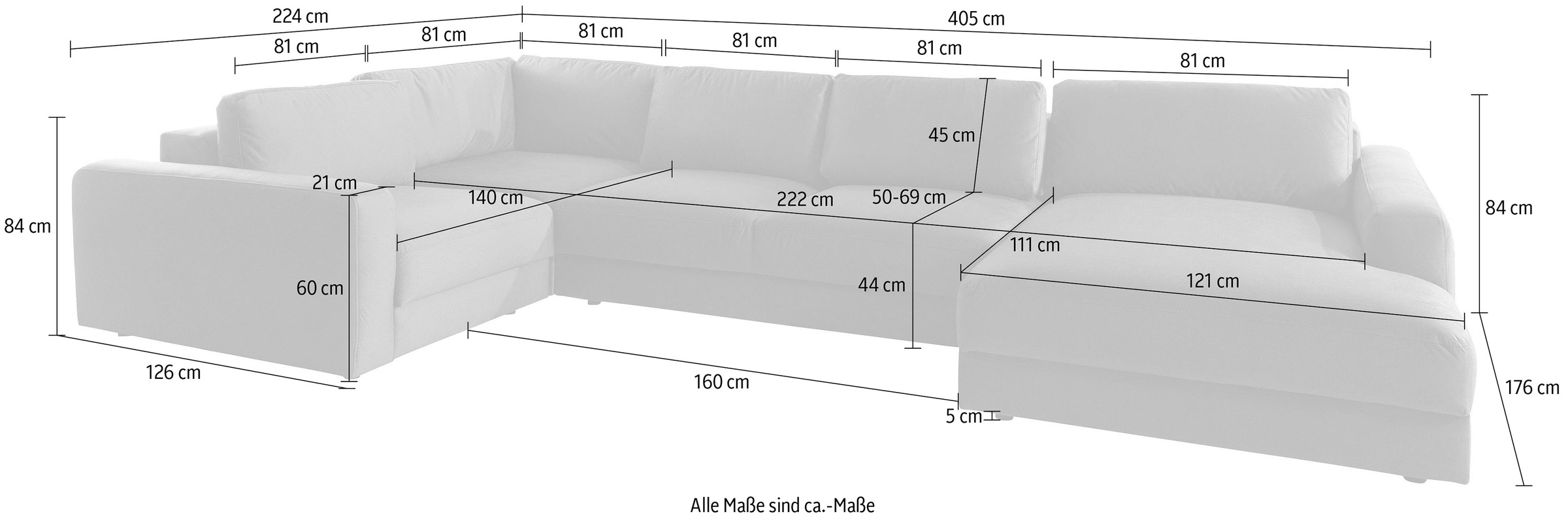Places of Style Wohnlandschaft »Bloomfield, U-Form«, mit extra tiefer Sitzfläche, wahlweise mit Sitztiefenverstellung