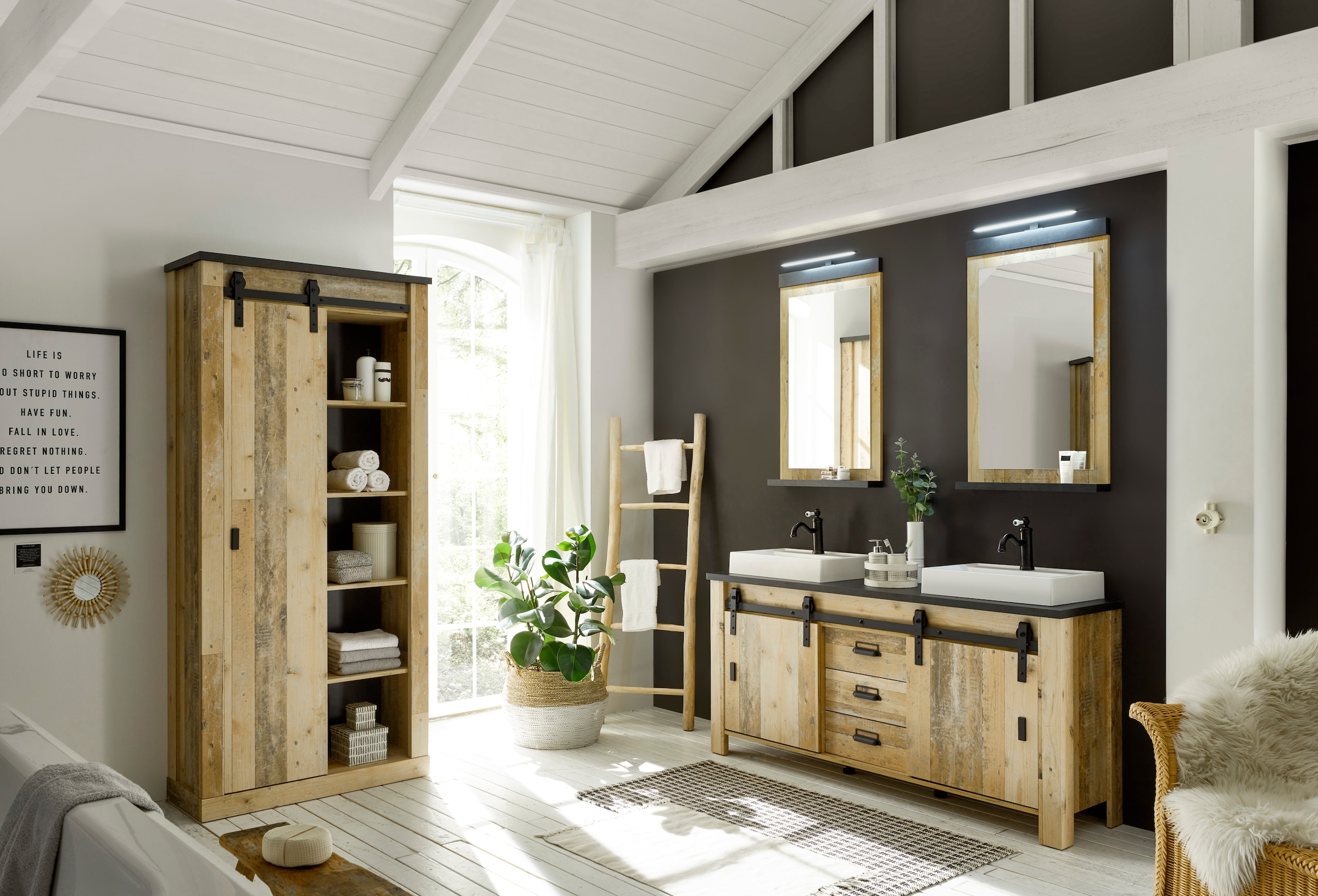 Home affaire Badmöbel-Set »SHERWOOD, Bad im modernen Design, 4-teiliges Badezimmer«, (4 St.), in 2 Farben verfügbar, Scheunentorbeschlag & Apothekergriff aus Metall