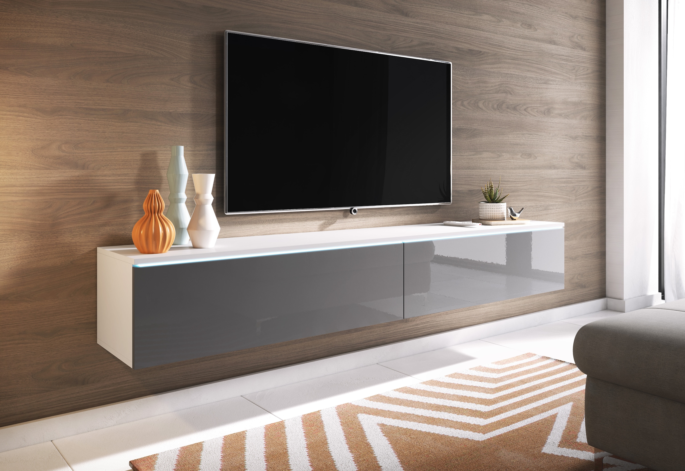 INOSIGN Lowboard »LOWBOARD VERA, wahlweise mit oder ohne Beleuchtung«, Modernes griffloses TV-Board, 180 cm TV-Schrank, stehend und hängend