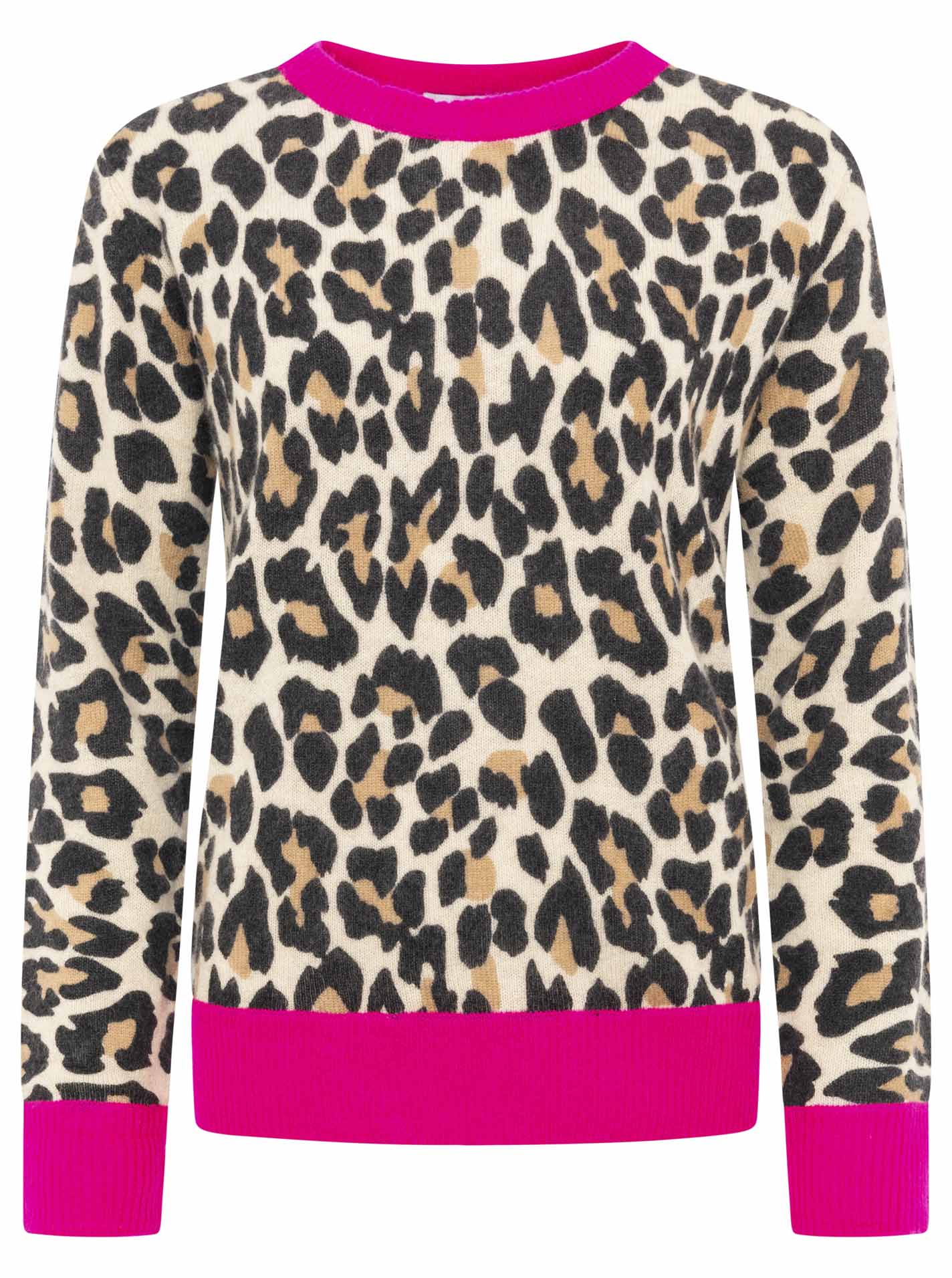 Thumbnail - Zwillingsherz Strickpullover "Leo + colored edges" Rundhals,aus reinem Kaschmir mit Leomuster und farbigem Bündchen