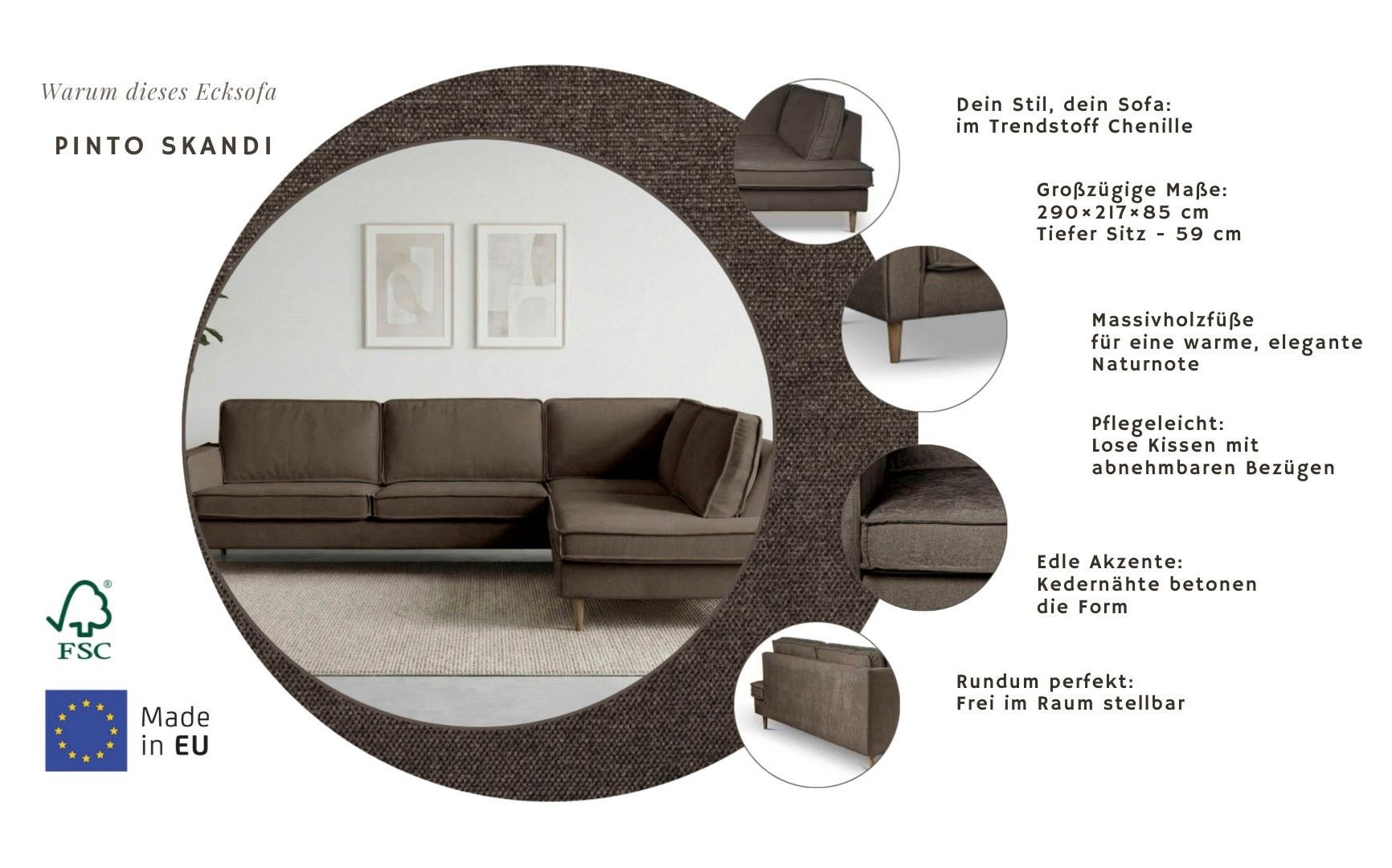 Home Affaire Pinto Skandi Corner Sofa 290cm Chenille Brown 7