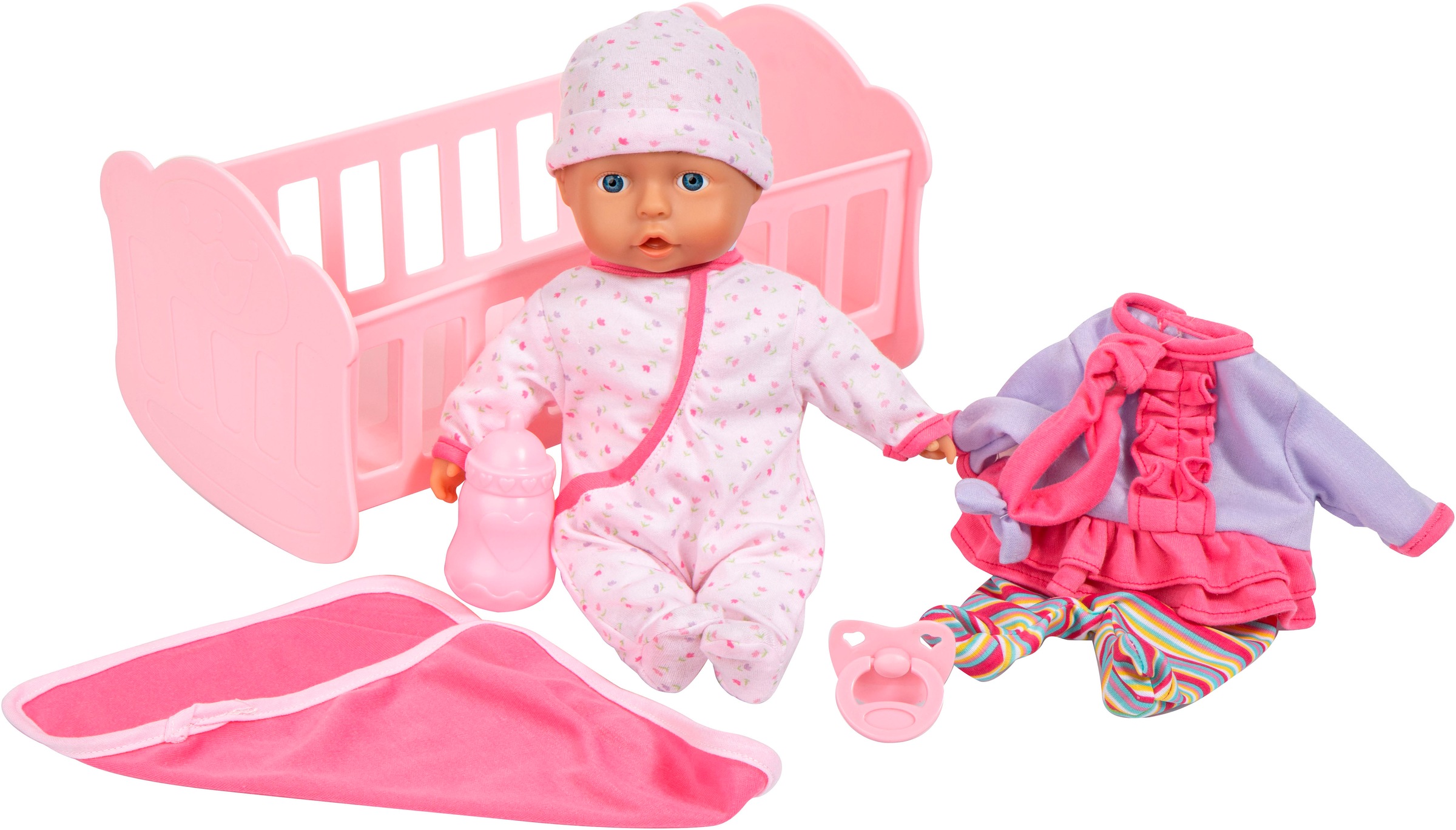 Bayer Babypuppe »Anna Cozy«, (Set, 10 tlg.), mit Wiege und Zubehör
