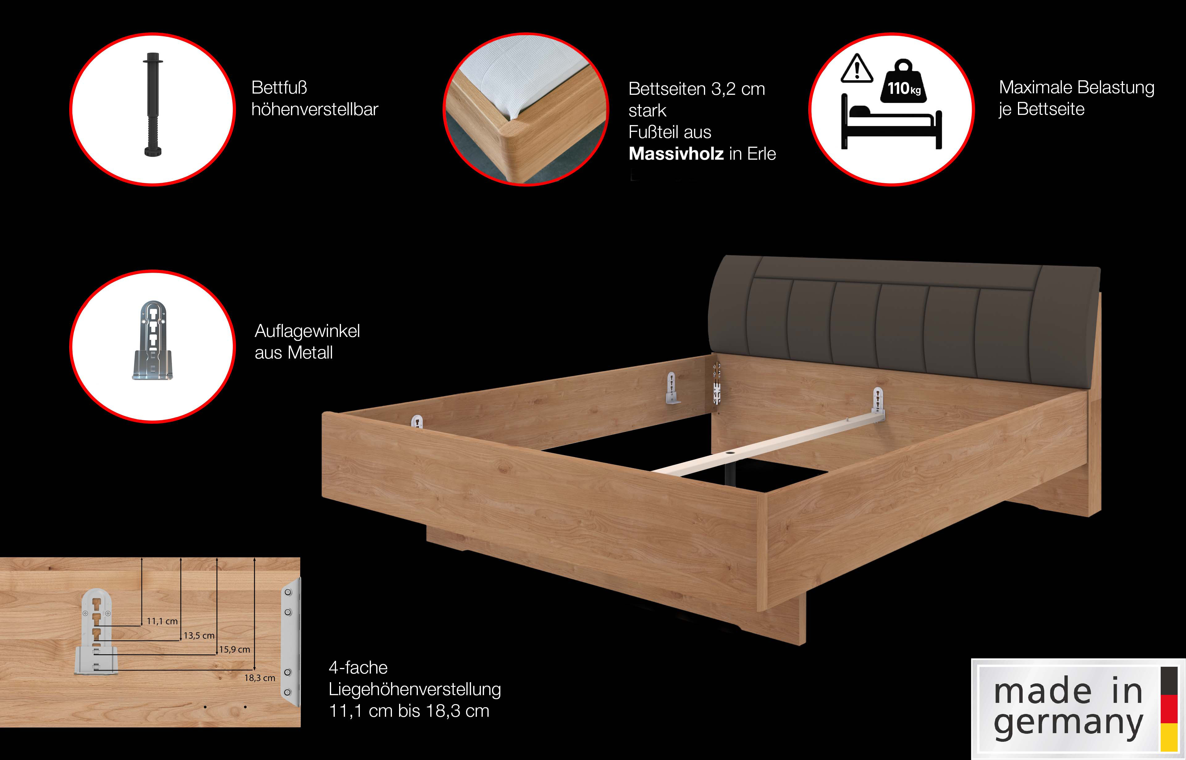 Thumbnail - WIEMANN Holzbett "Cardiff, Bettgestell, Bettrahmen, teilmassiv, mit Polsterkopfteil" Belastbarkeit 110/220 Kg, 4-fache h...