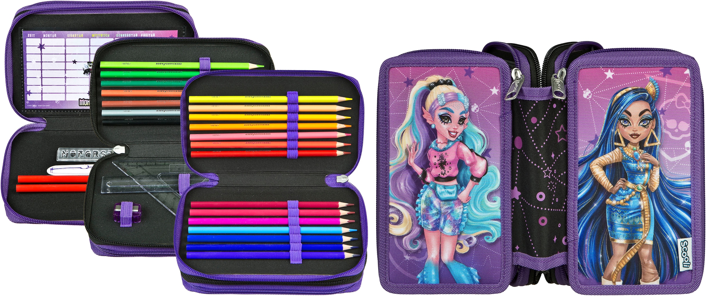 Scooli Federmäppchen »Tripledecker, Monster High«, befüllt, inklusive Geodreieck