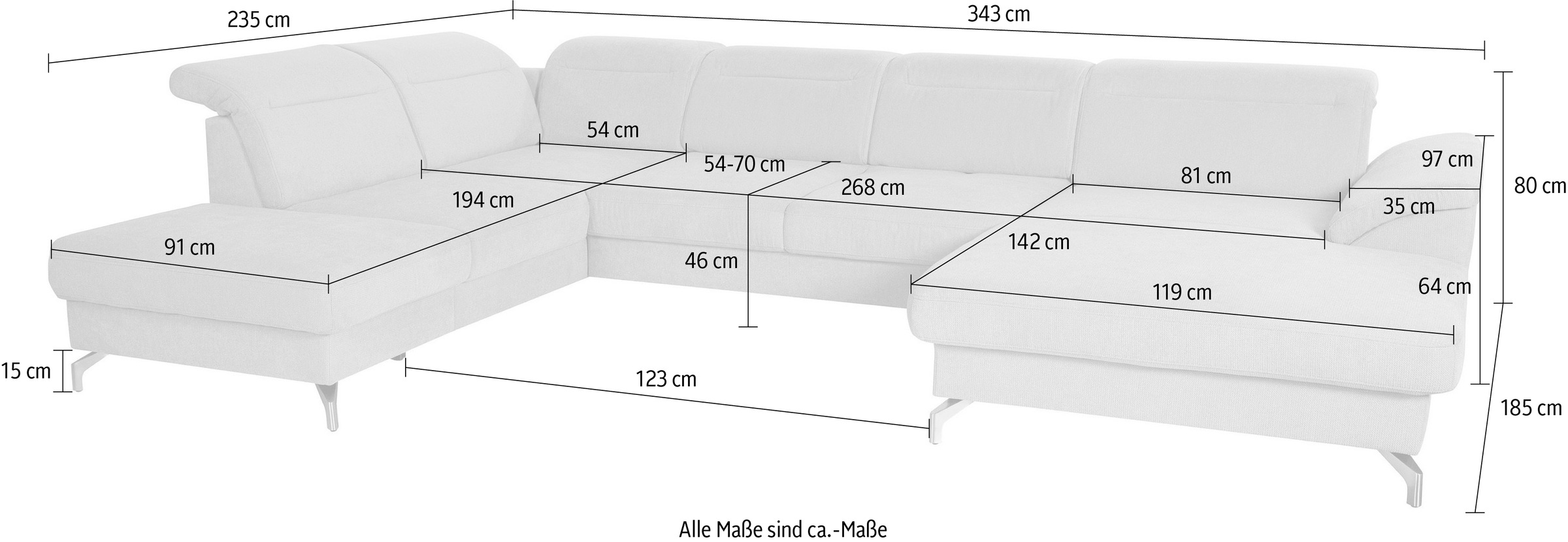 sit&more Wohnlandschaft »Percy U-Form«, 15 cm Fußhöhe, Sitztiefenverstellung, wahlweise in 2 Fußfarben