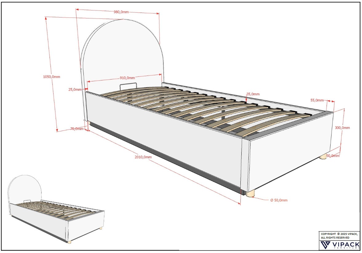 Vipack Boxbett »Moon, mit Lattenrost und Stauraum, modernes Design«, (gerundetes Kopfteil und in 2 Breiten erhältlich), inkl. Massivholz Füßen in natur, 3 Stoff Farben zur Auswahl