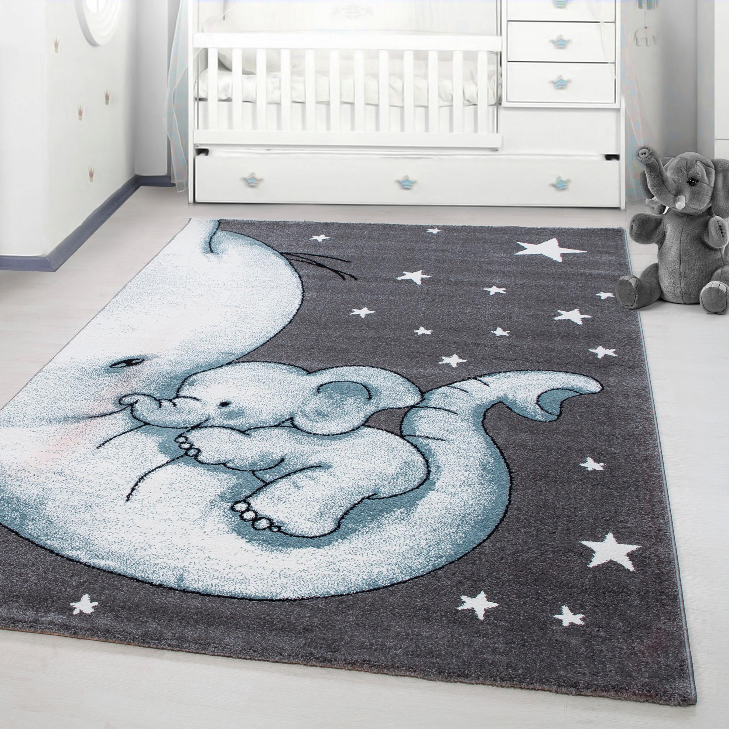 Kinderteppich AYYILDIZ TEPPICHE "Kids 560" Gr. 2, blau, B:80cm H:12mm L:150cm, Kunstfaser, Teppiche, Kinderteppich, auch in rund, Elefanten Baby Sterne, Kurzflor