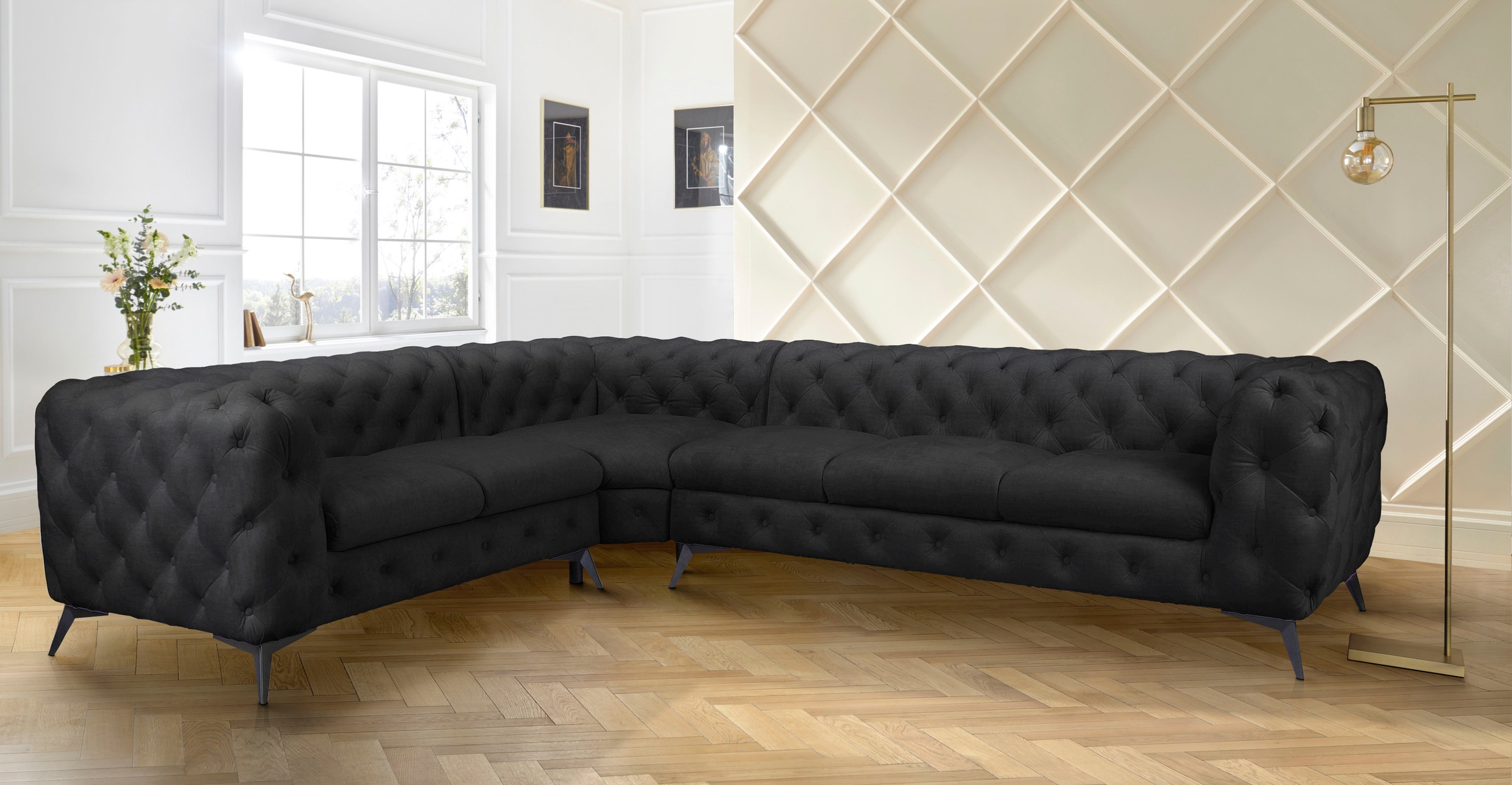 Leonique Chesterfield-Sofa »Ecksofa GLYNIS L-Form mit Wellenunterfederung, Maße B/T/H 323/264/75cm«, aufwändige Knopfheftung, moderne Chesterfield Optik, Fußfarbe wählbar