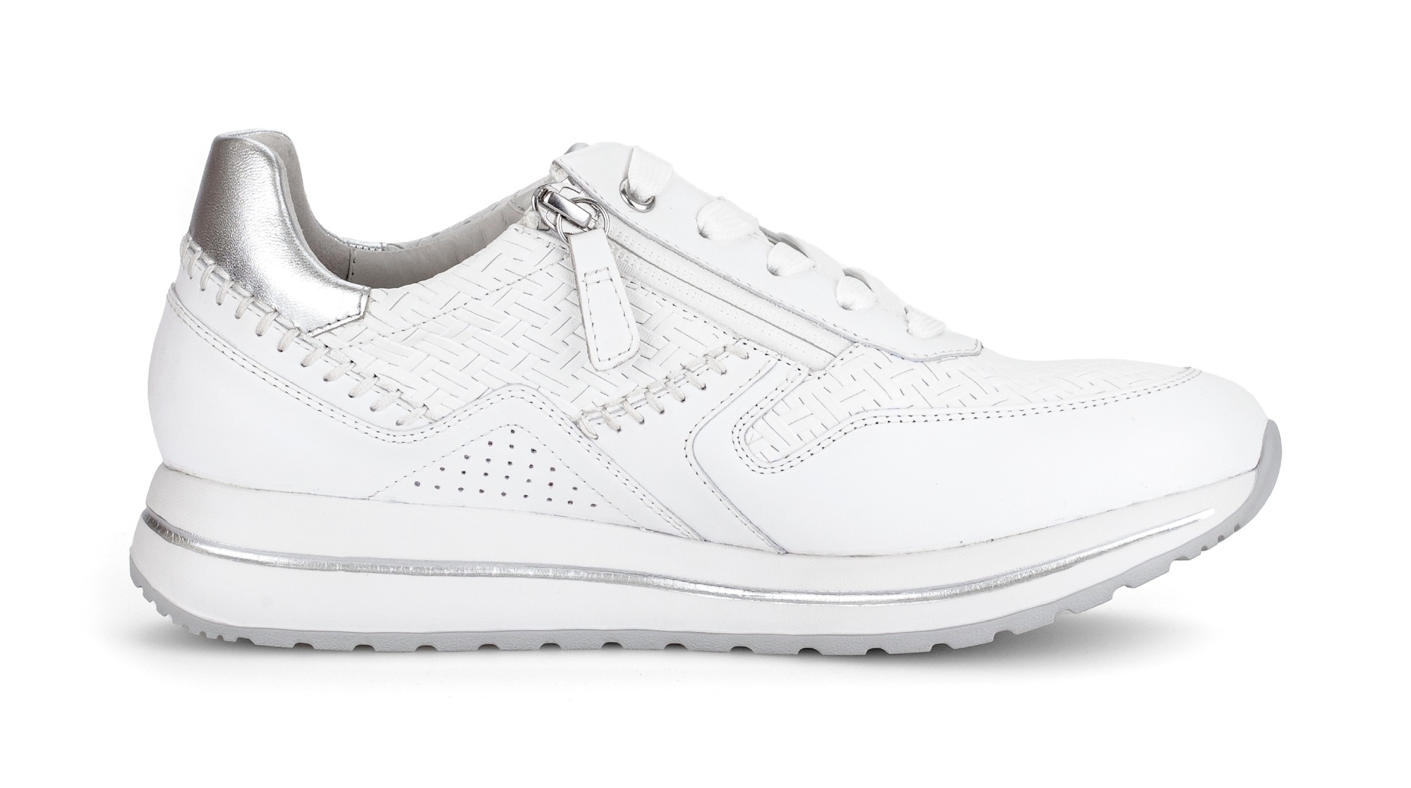 Keilsneaker GABOR "DAVOS", Damen, Gr. 40, weiß, silberfarben, Glattleder, Schuhe, Freizeitschuh, Halbschuh, Schnürschh mit Flechtmuster, H-Weite 3