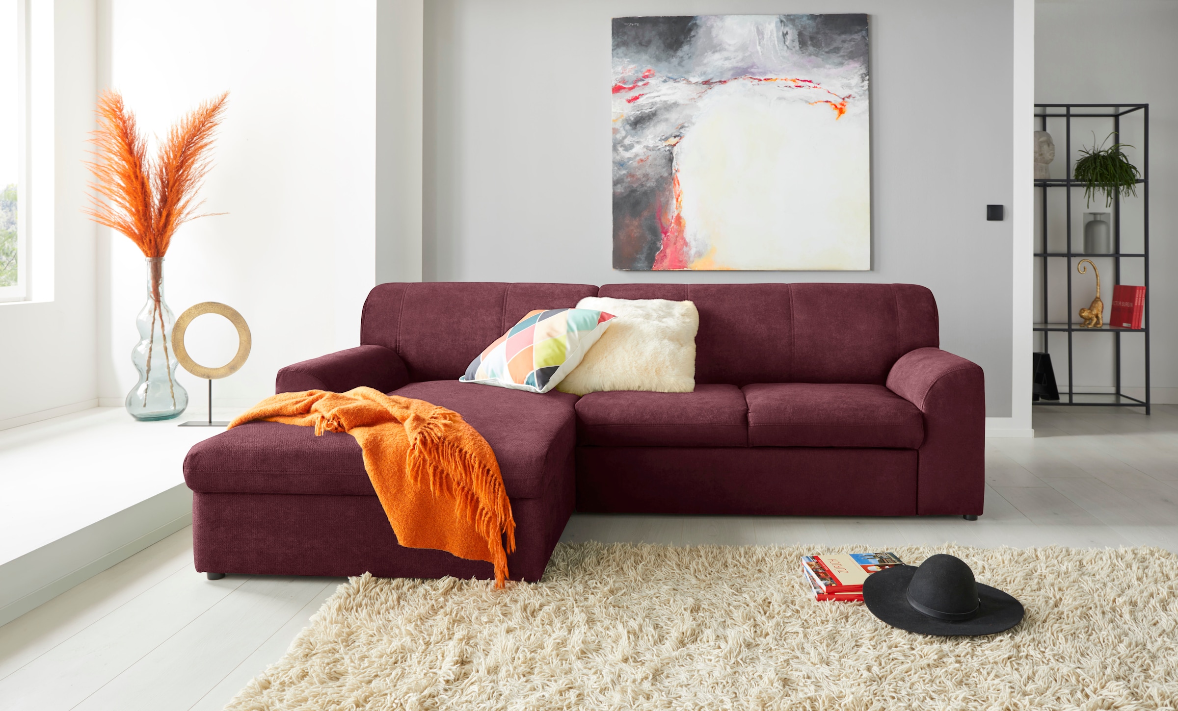 DOMO collection "Topper, elegant und zeitlos, kompaktes Stellmaß 245/155cm, L-Form" mit Recamiere, wahlweise mit Schlaffunktion