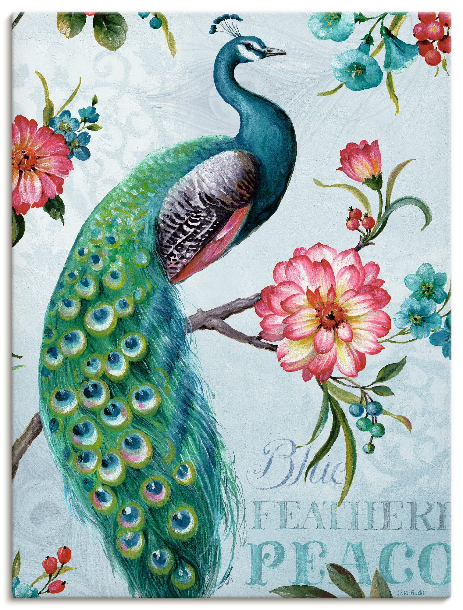 oder Artland BAUR gepfederter kaufen als versch. Vögel, Größen Poster (1 Wandbild »Blau Pfau«, in | St.), Leinwandbild, Wandaufkleber