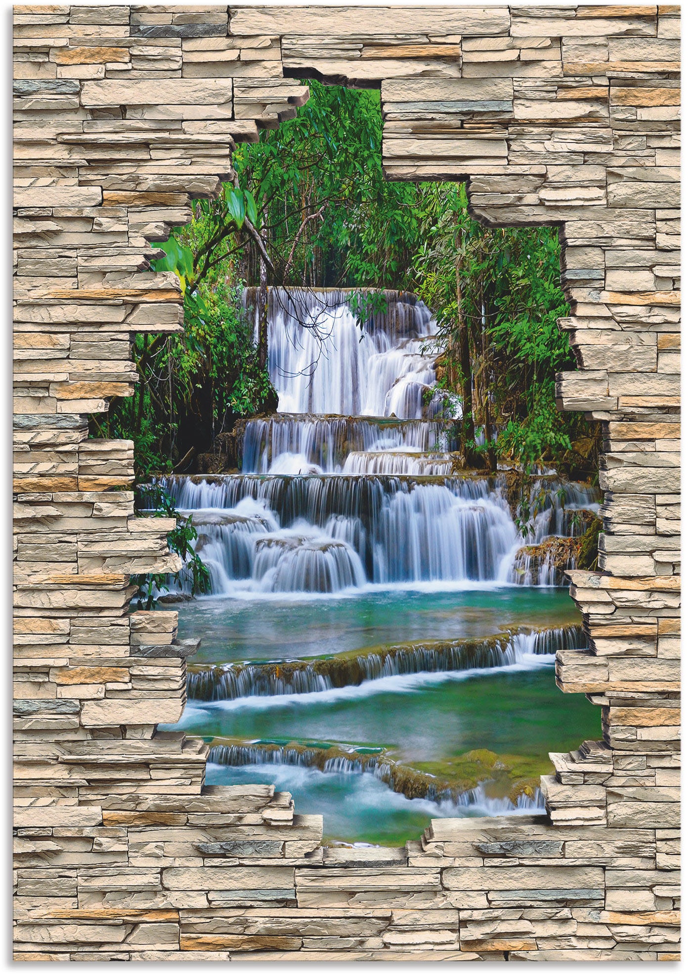 Artland Wandbild "Tiefen Wald Wasserfall Stein Mauer Blick", Wasserfallbilder, (1 St.), als Alubild, Outdoorbild, Wandau