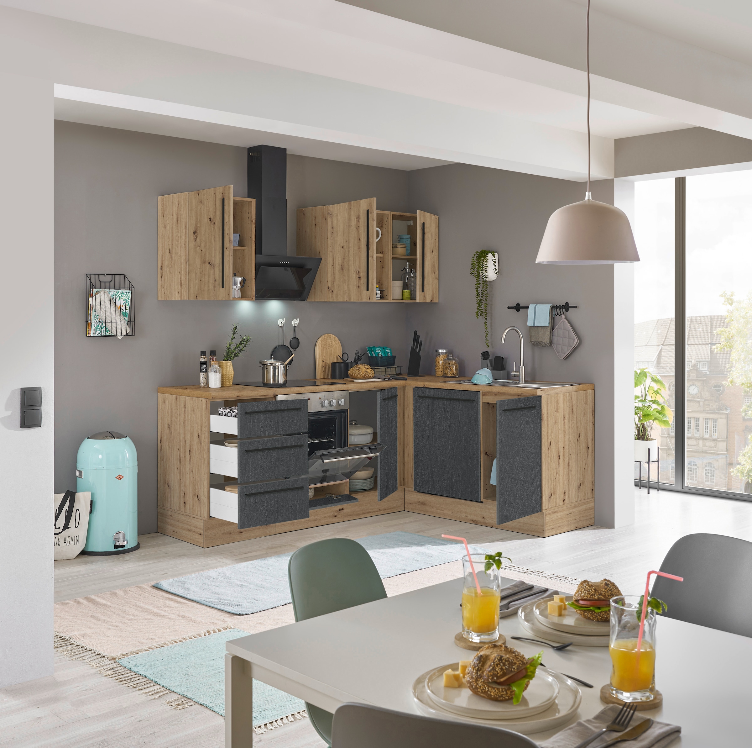KOCHSTATION Winkelküche »Florida, Stellbreite 220x175 cm«, wahlweise mit E-Geräten, mit Softclose für Türen und Schubkästen