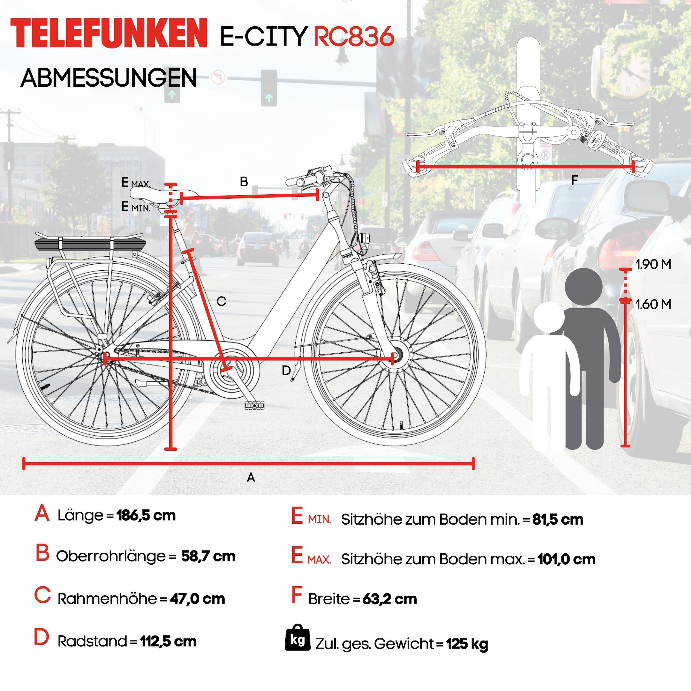 Telefunken »Cityrad Multitalent RC836« 3 Gang Shimano Shimano Nexus Schaltwerk Nabenschaltung Frontmotor 250 W