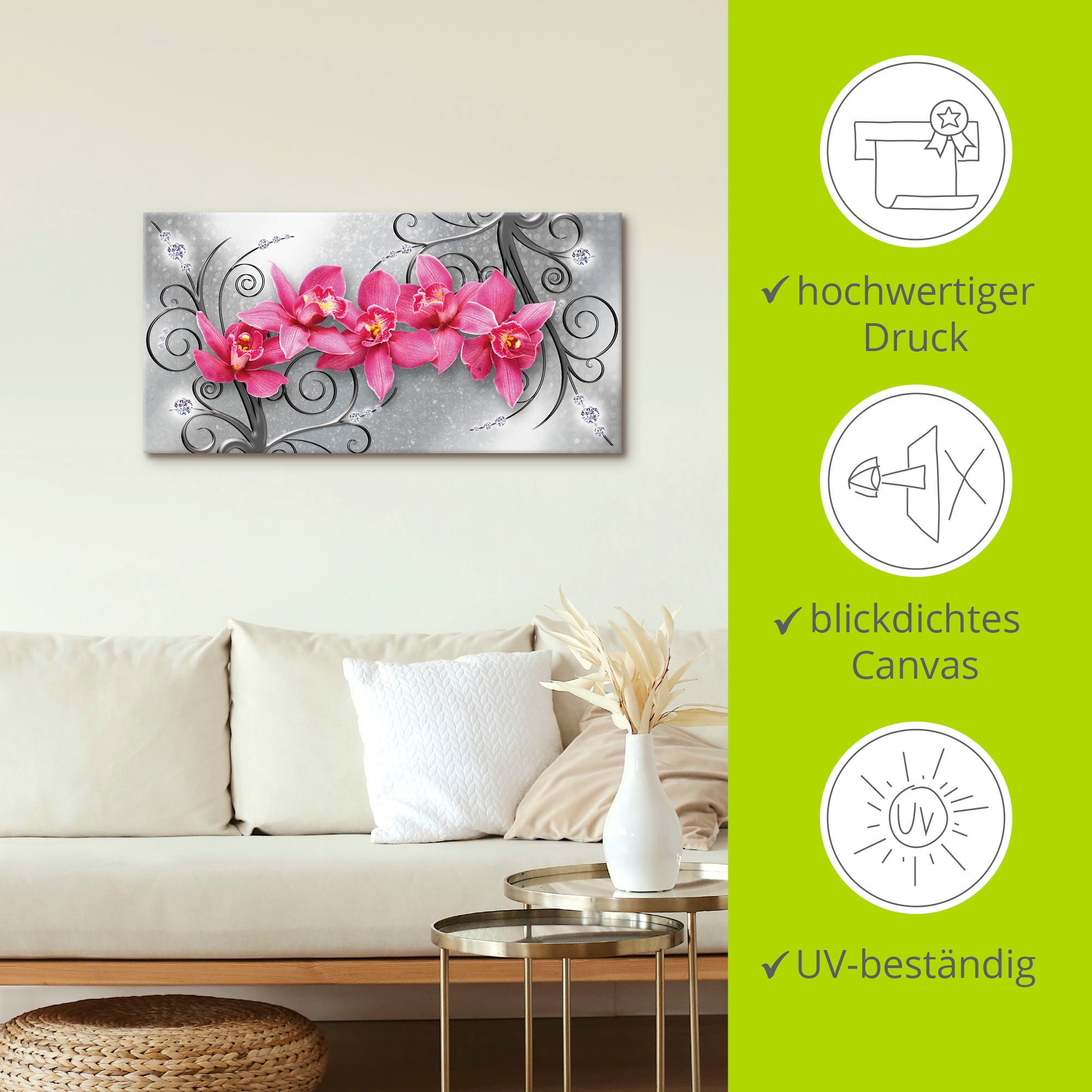 Artland Wandbild »rosa Orchideen auf Ornamenten«, Blumenbilder, (1 St.), als Alubild, Outdoorbild, Leinwandbild, Poster, Wandaufkleber