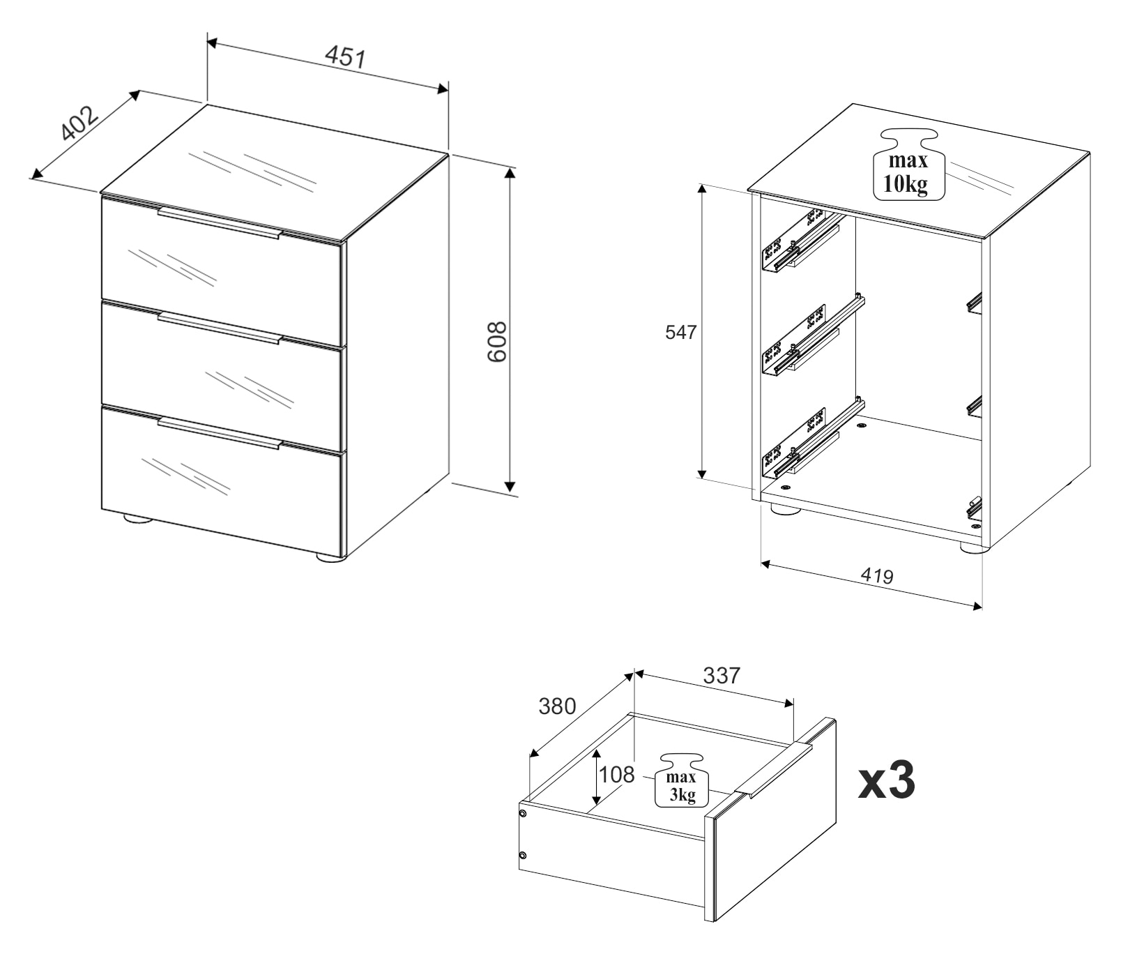 HBZ Nachtkonsole »Santorin Kommode mit Glas Front-Oberboden, BxHxT 45x61x40 cm«, (1 St.), Passend zu Polster und vorallem Boxspringbetten, 3 Schubkästen