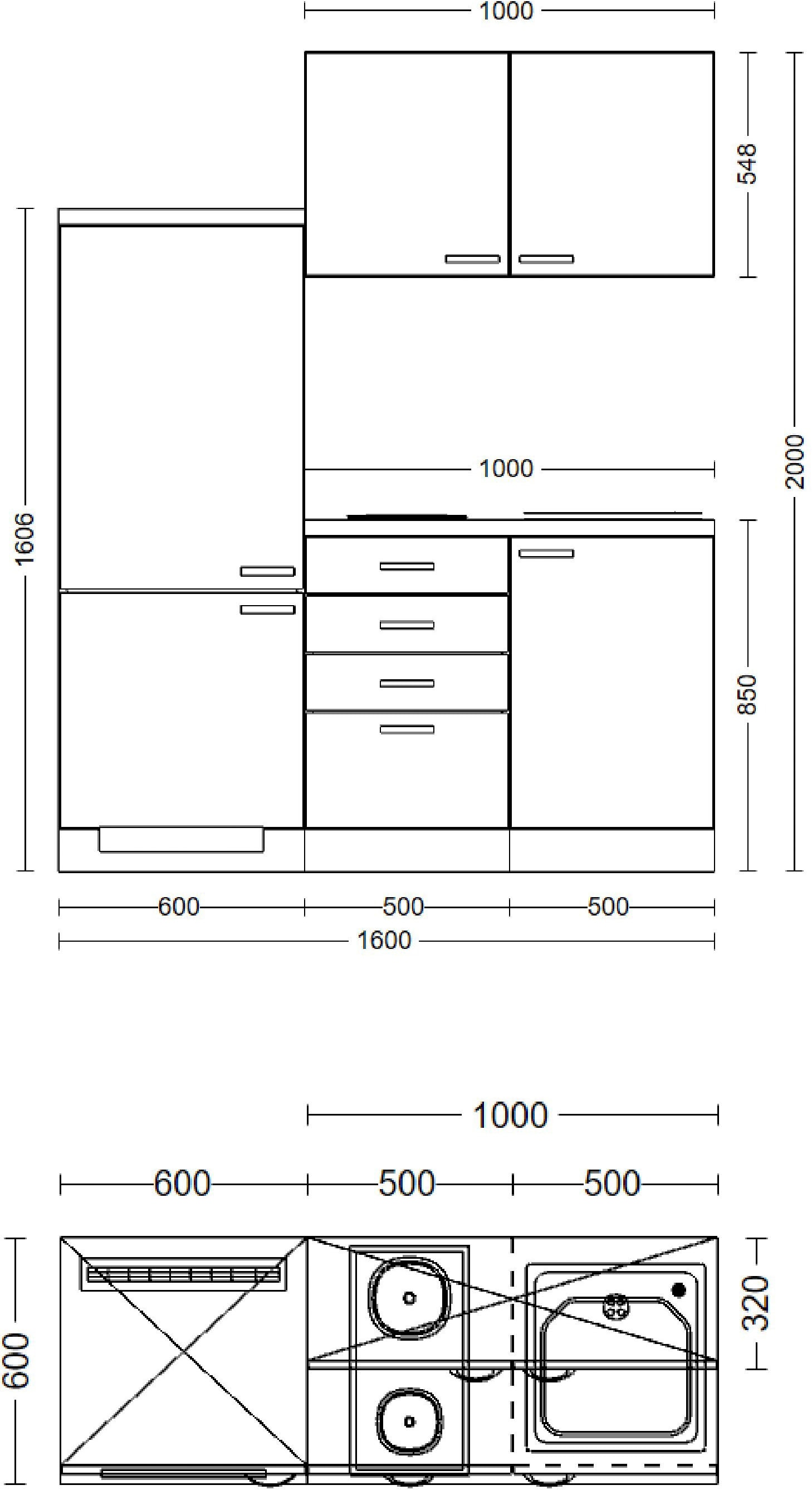 Flex-Well Küche »Nano«, Gesamtbreite 160 cm, mit Einbau-Kühlschrank, Kochfeld und Spüle etc.