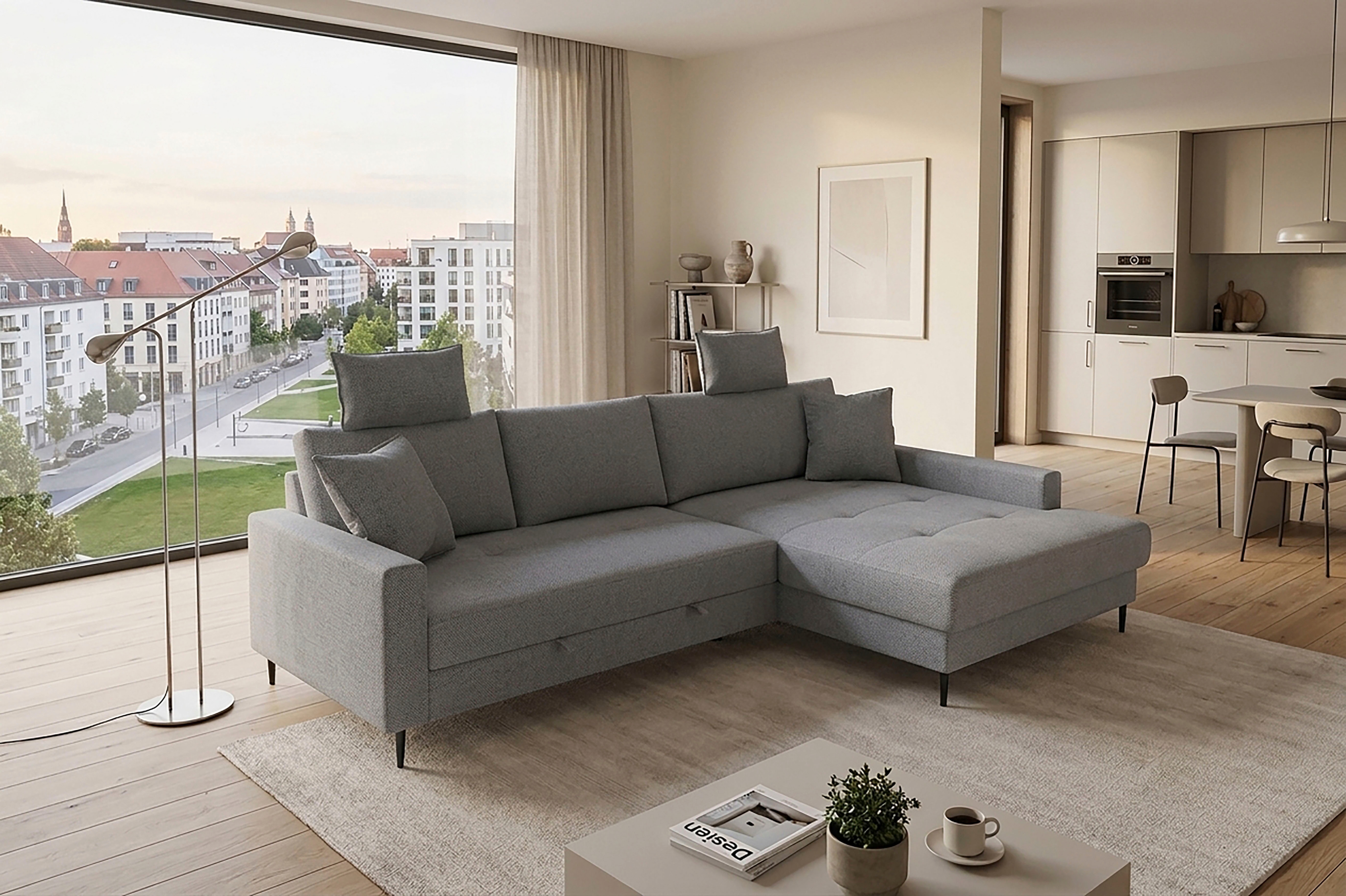 Trends by HG Ecksofa "Summer L-Form, B: 284 cm, Schlaffunktion, 2 Zierkissen" mit Kopfstützen, Wellenfederung, frei stellbar