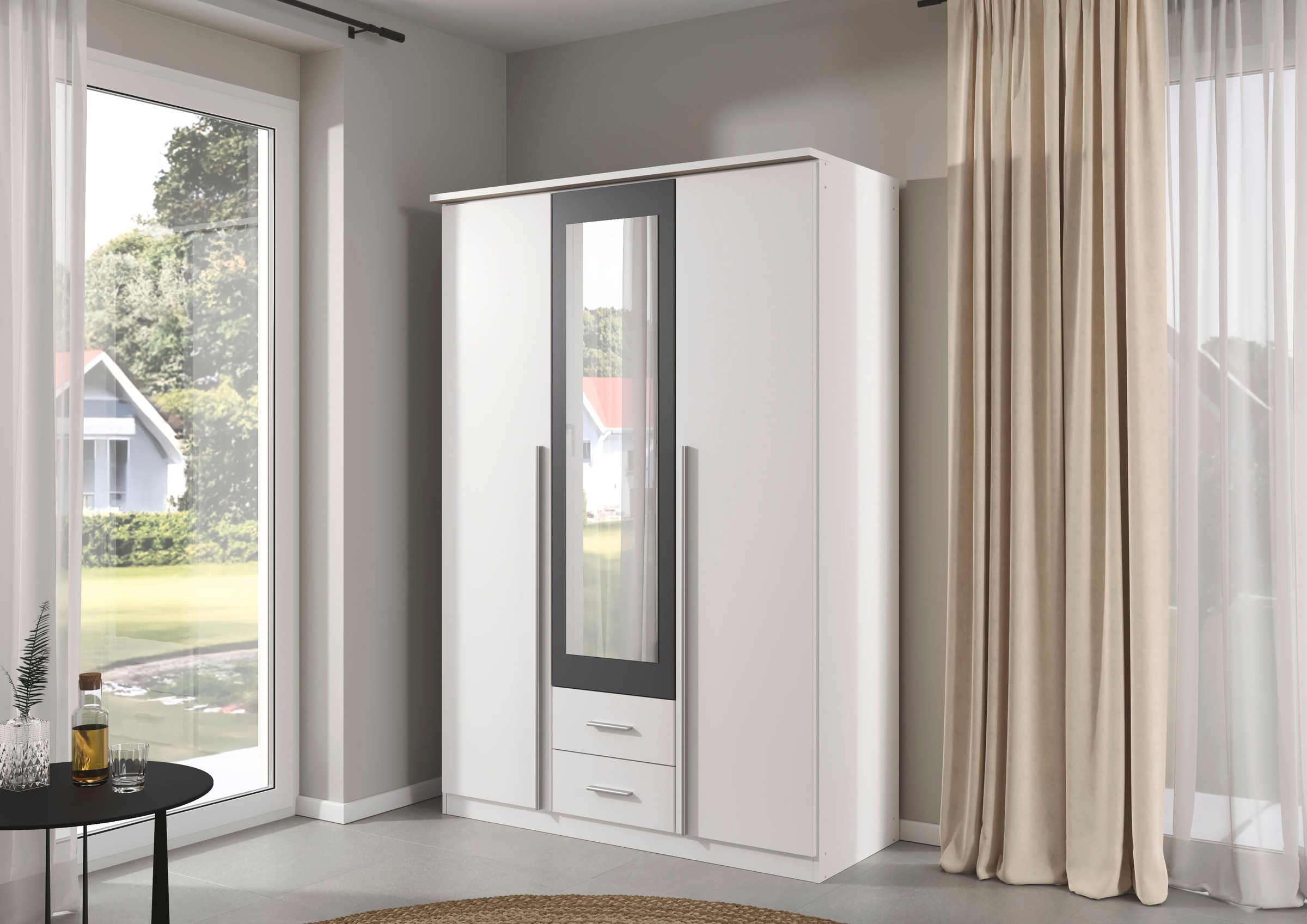 rauch Kleiderschrank »Kleiderschrank Schrank Garderobe Wäscheschrank Ankleide KREFELD« Breiten: 136/181 cm, Höhe: 199 cm,  farblich abgesetzte Spiegelumrandung, Griffstangen MADE IN GERMANY