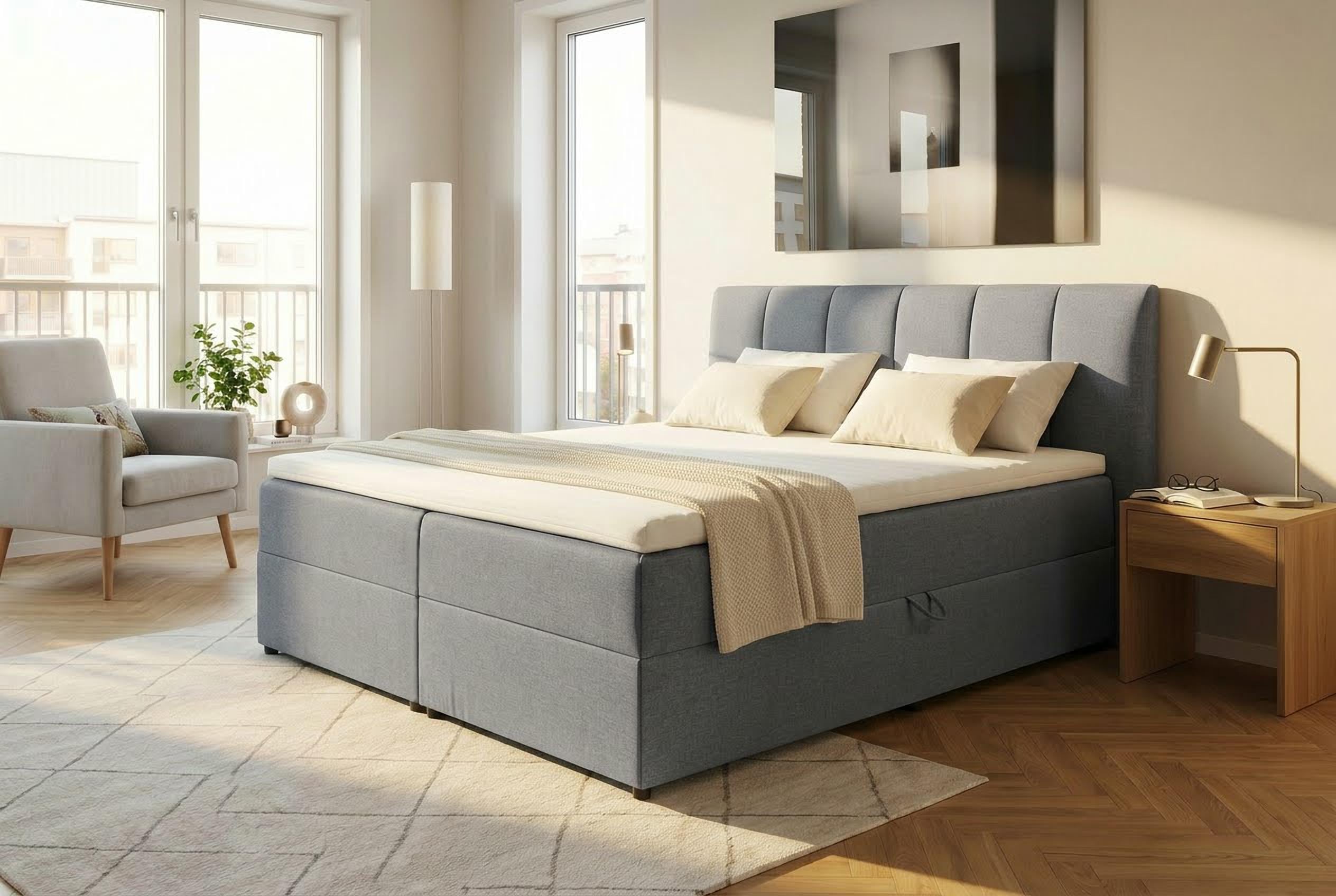 ED EXCITING DESIGN Boxbett "GRANADA, Polsterbett mit Bettkasten und Taschenfederkernmatratze H3" mit Komfortschaum-Topper, Webstoff-Bezug, Liegefläche 180x200cm