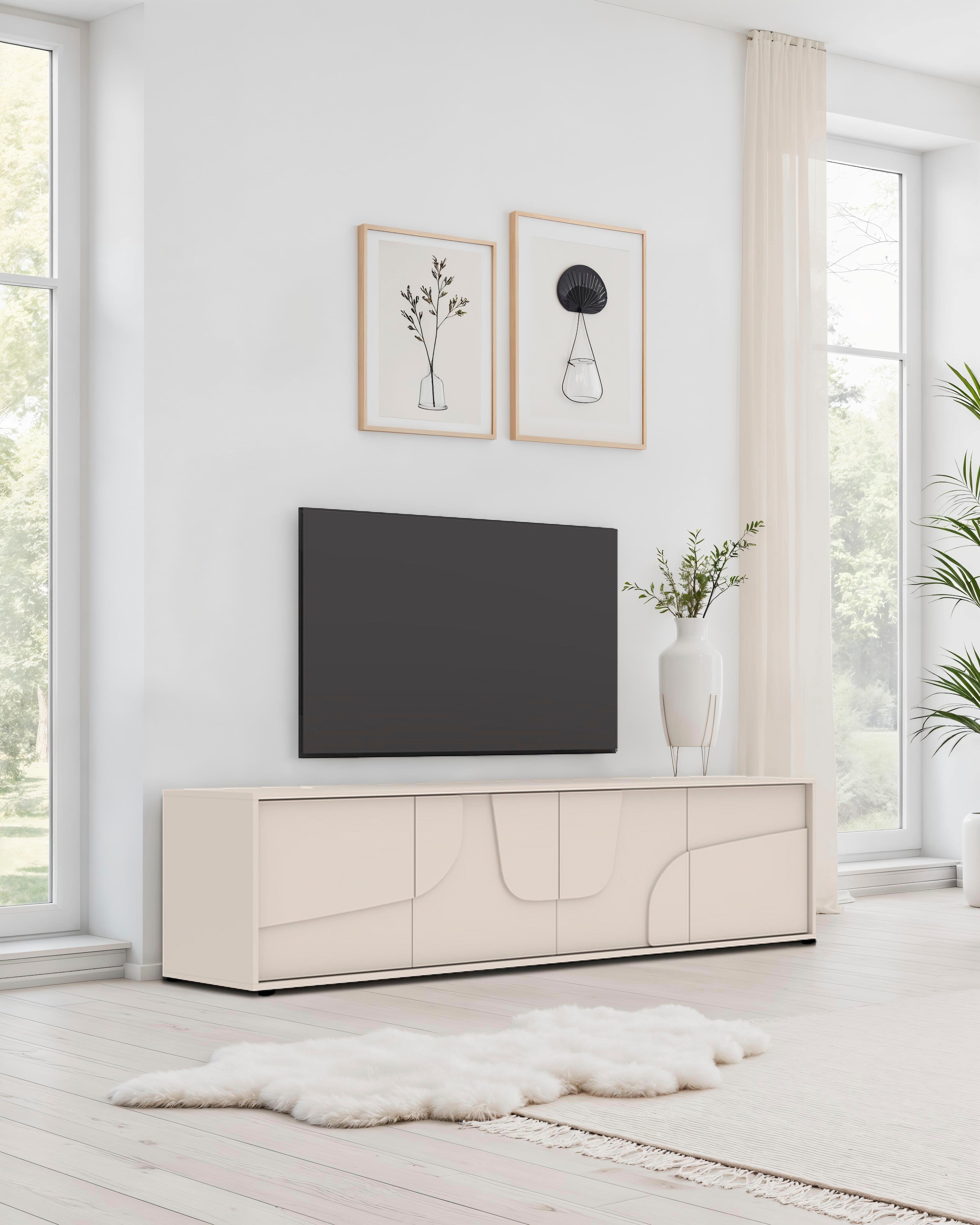 INOSIGN Lowboard »Stone, 205 cm breit, 4 Türen, TV-Schrank, TV-Kommode, Medienboard« 3D-Design, Push-to-open, Innenraum großzügig, Füße 14/2 cm wählbar