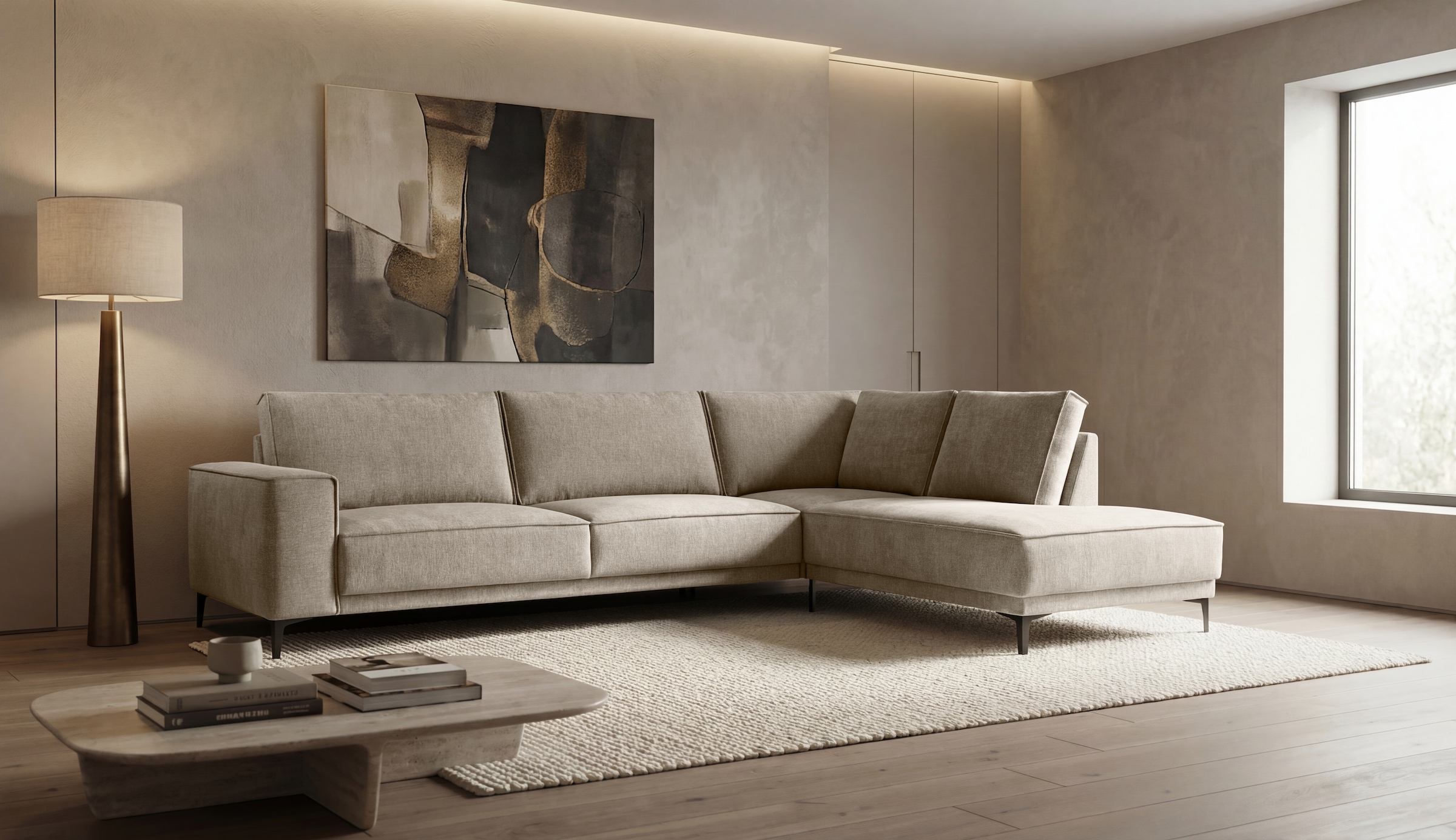 OTTO home Ecksofa »OLAND Bouclé L-Form, B: 289 cm, Skandi-Design« Struktur, Flachgewebe, Luxus-Microfaser, Boucle