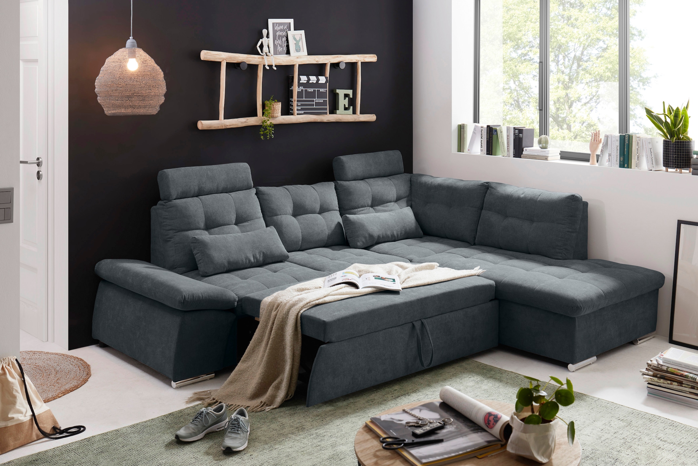 ED EXCITING DESIGN Ecksofa »Nalo L-Form«, mit Bettfunktion, Bettkasten, Kopfstützen, Nierenkissen etc.