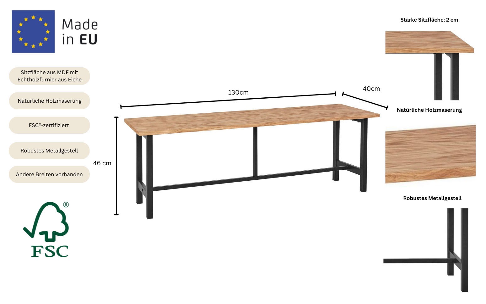 Home Affaire Sare Dining Bench Natural 130cm 2