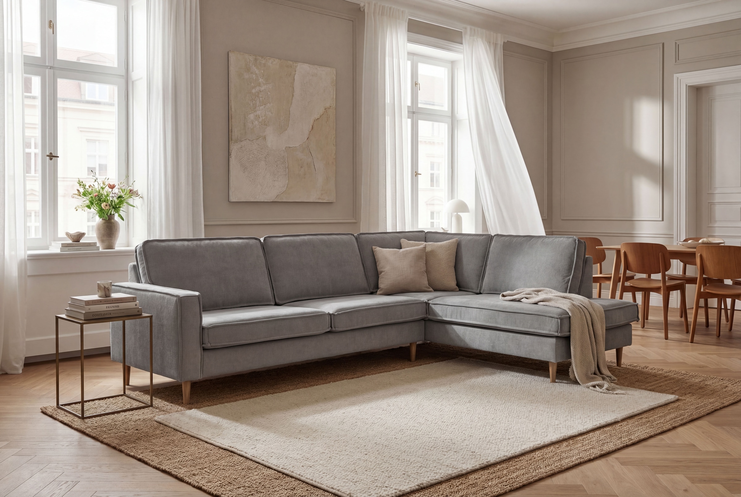 OTTO home Ecksofa "Pinto Skandi, 290 cm, Chenille, Struktur, Ottomane links / rechts" mit Keder, Massivholzfüße Eiche geräuchert, Wellenunterfederung