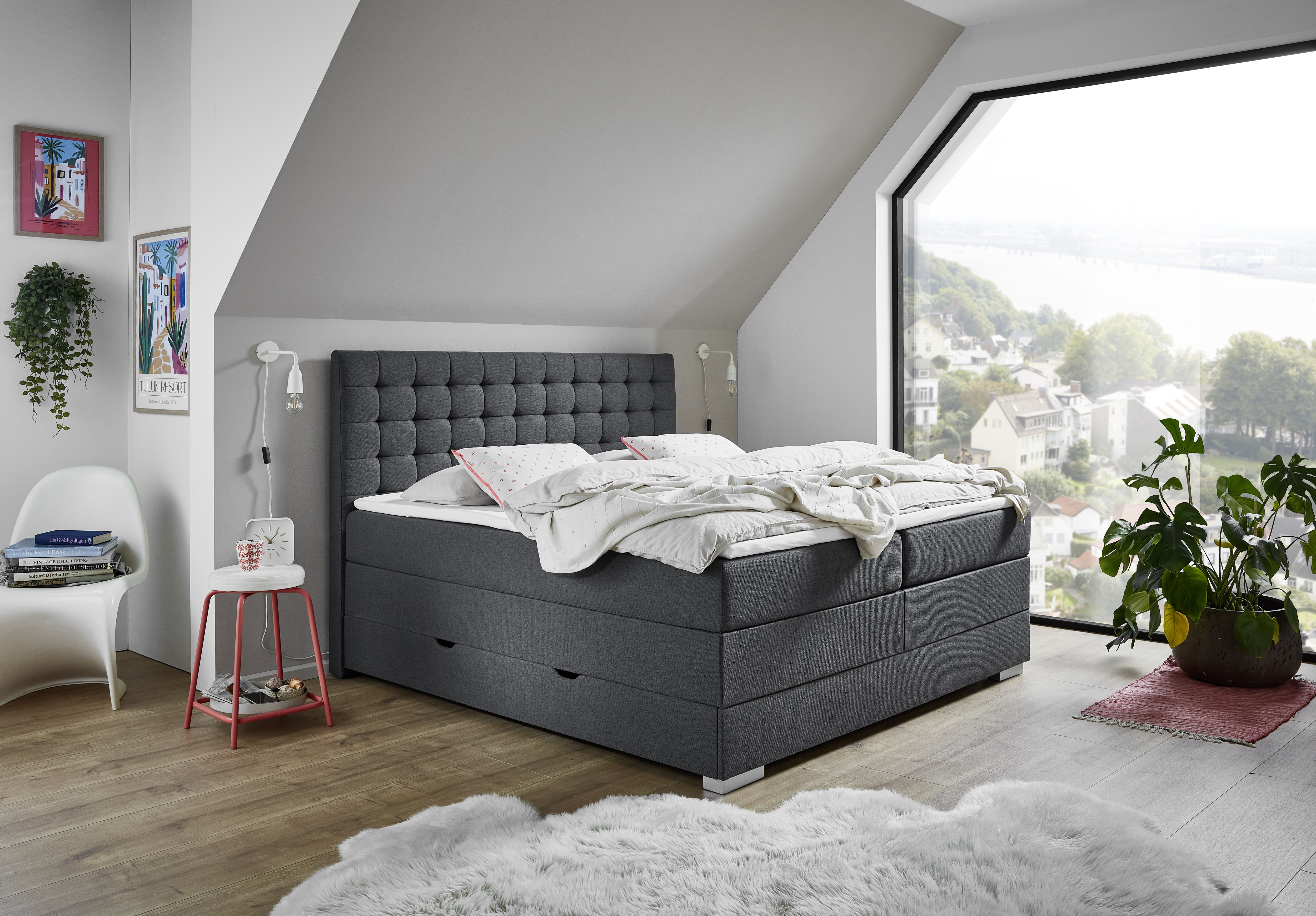 Home affaire Boxbett "KEEVA, Polsterbett mit Bettkasten, inkl. Taschenfederkernmatratze H3" mit Kaltschaum-Topper, Strukturstoff-Bezug, Liegefläche 180x200 cm